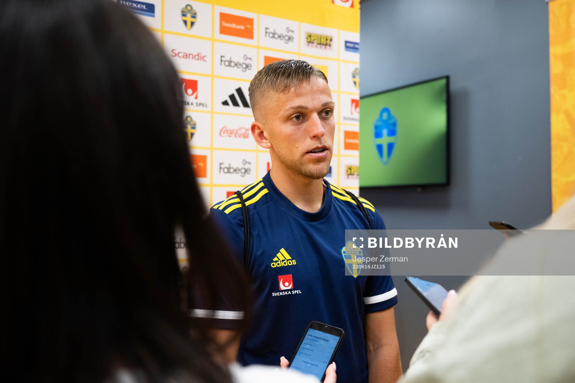 Jesper Karlsson of Sweden in the mixed zone after the international friendly football match between Sweden and New Zealand on June 16, 2023 in Stockholm.
