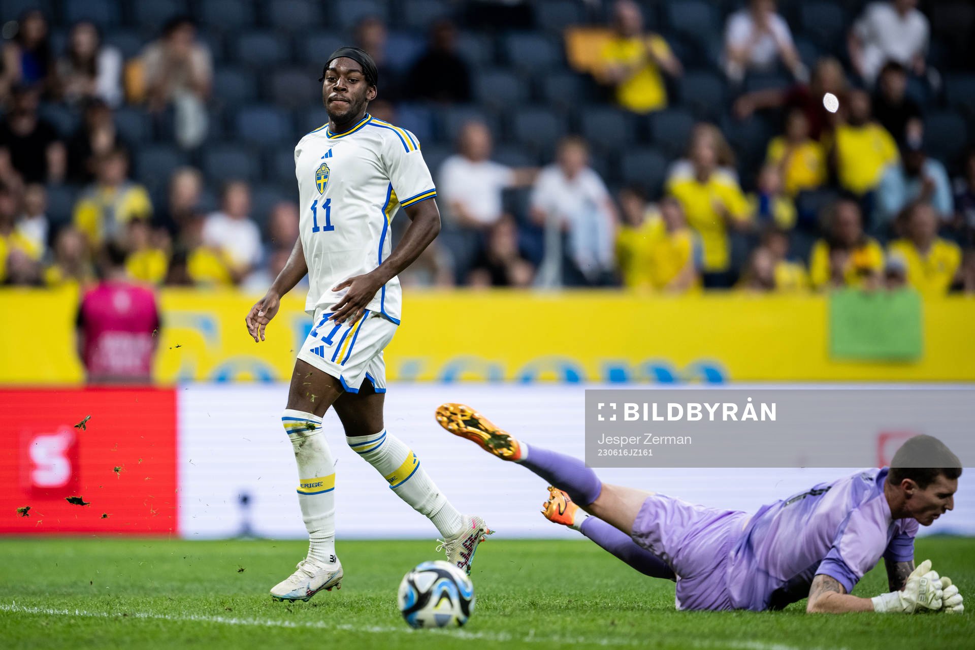 Anthony Elanga of Sweden and goalkeeper Oli Sail of New