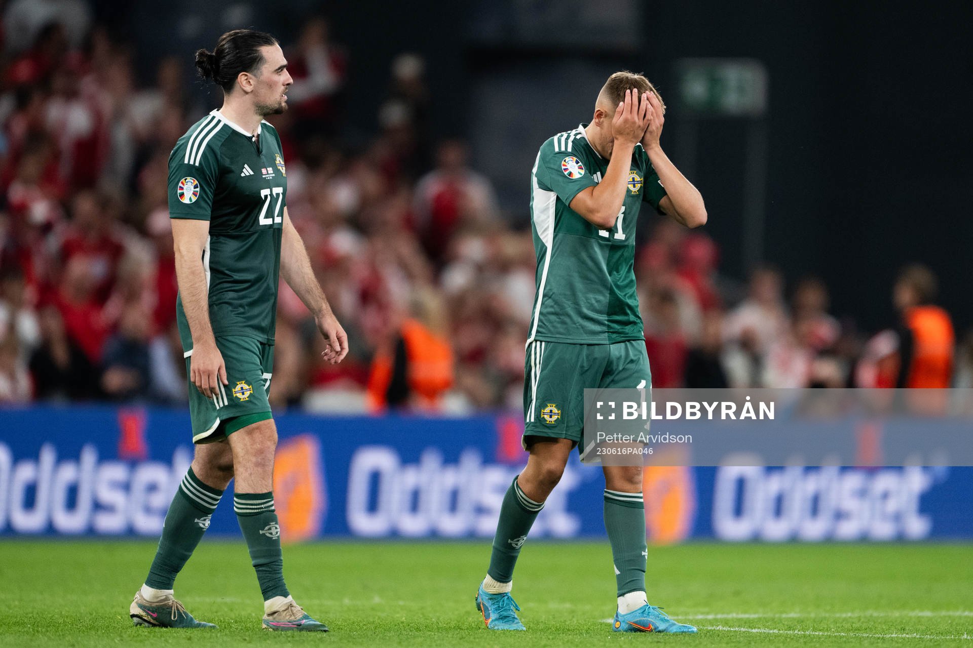 Callum Marshall of Northern Ireland looks dejected after his 1-1 goal is disallowed due to a VAR-review during the UEFA Euro Qualifier football match between Denmark and Northern Ireland on June 16, 2023 in Copenhagen.