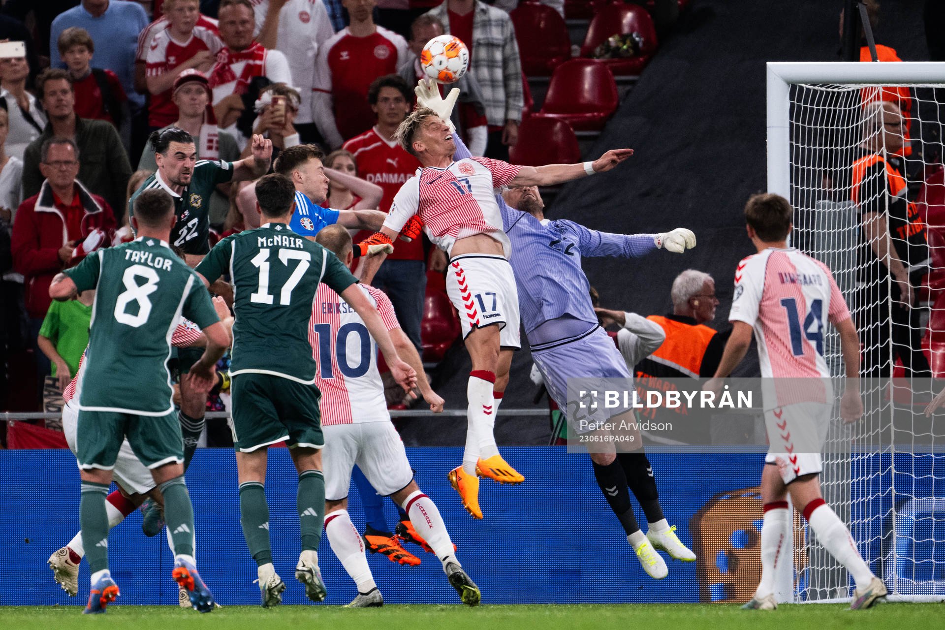 Goalkeeper Kasper Schmeichel and Jens Stryger of Denmark
