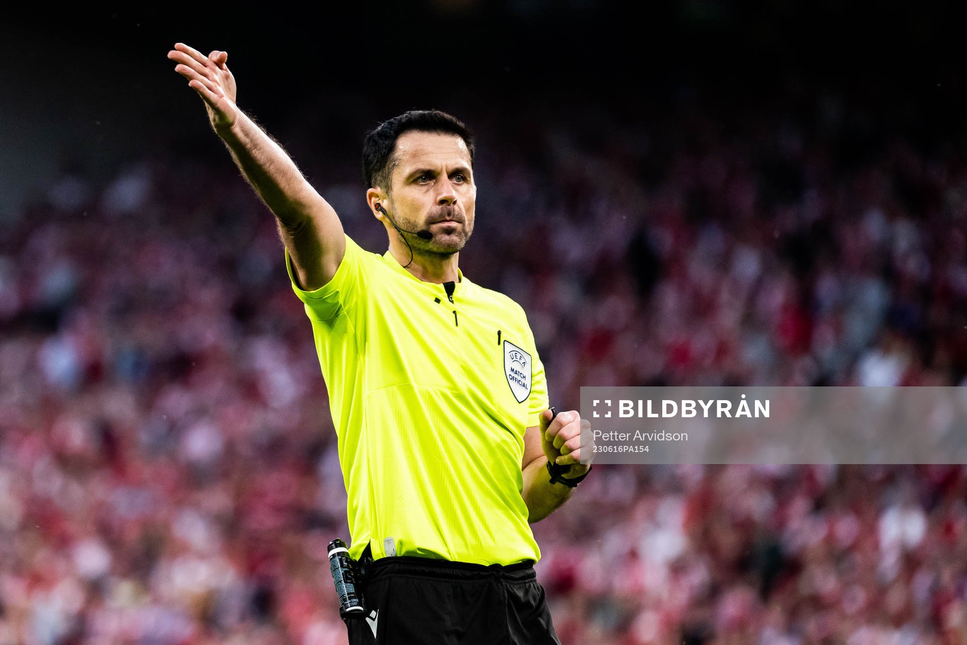 Referee Daniel Stefanski during the UEFA Euro Qualifier football match between Denmark and Northern Ireland on June 16, 2023 in Copenhagen.