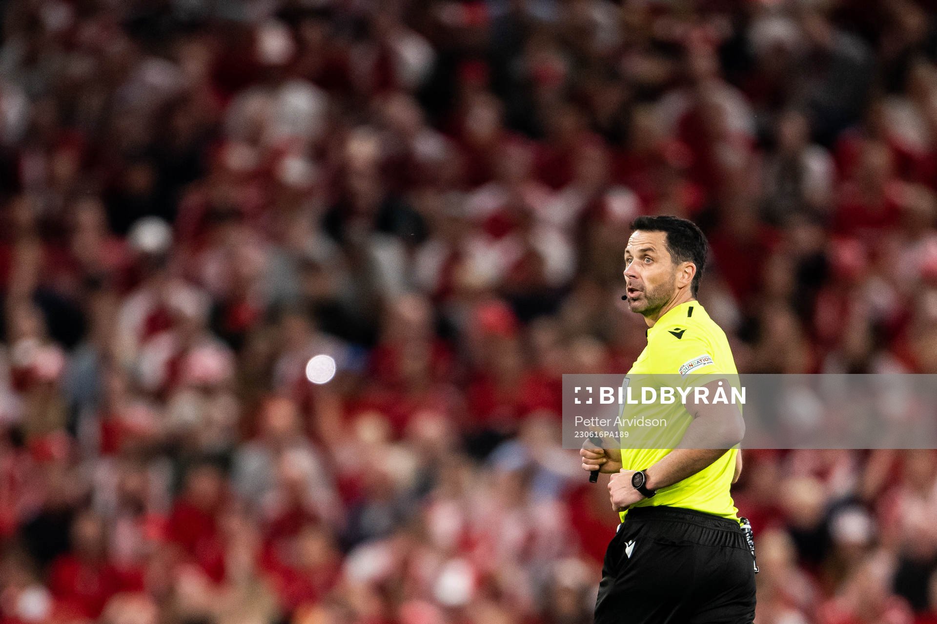Referee Daniel Stefanski during the UEFA Euro Qualifier football match between Denmark and Northern Ireland on June 16, 2023 in Copenhagen.