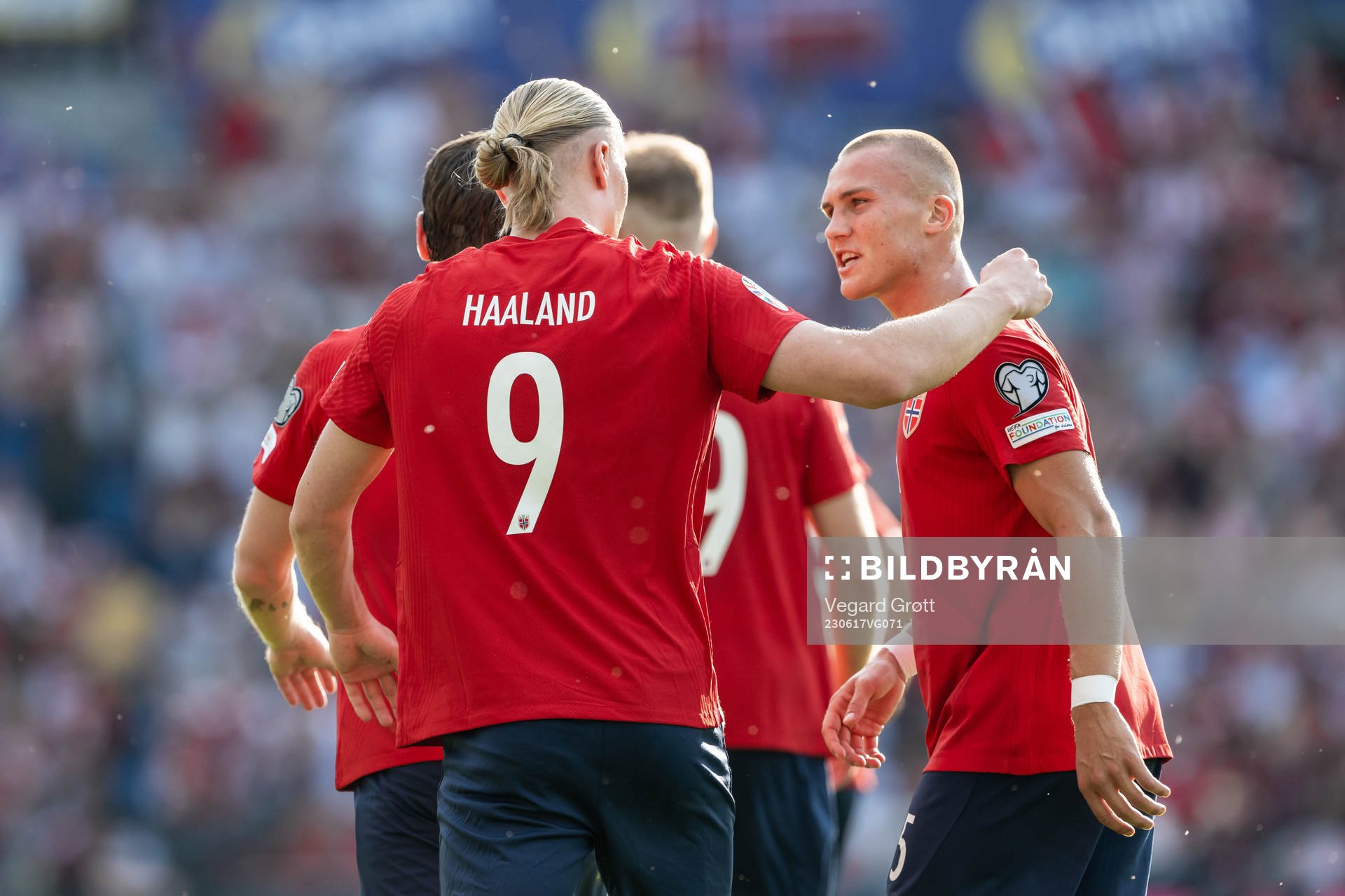 Erling Braut Haaland of Norway celebrate with Leo Skiri