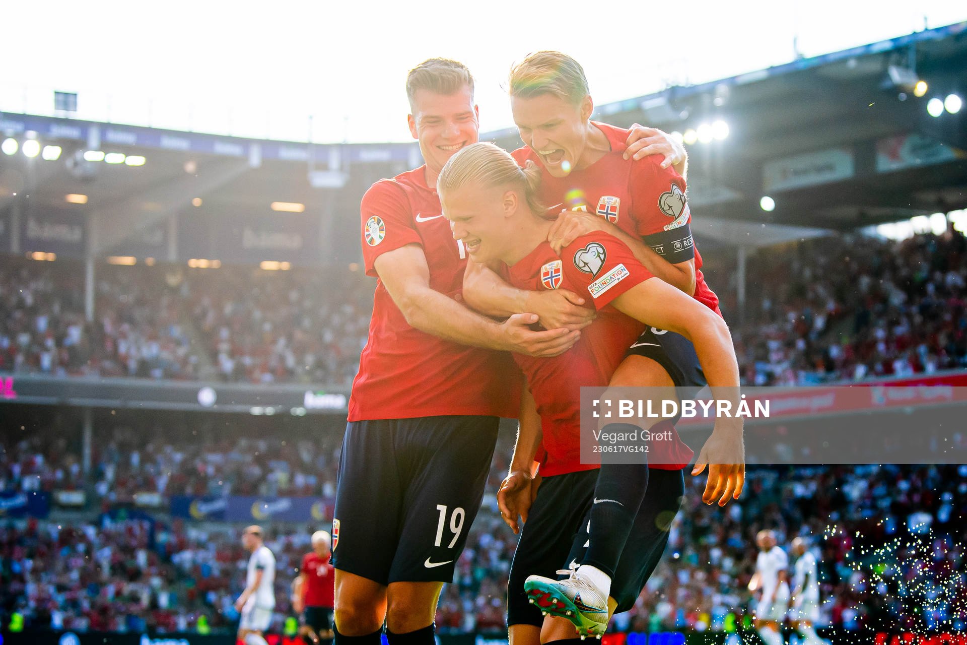 Erling Braut Haaland of Norway celebrates with teammates
