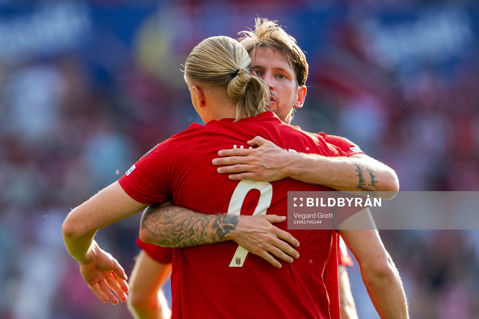 Erling Braut Haaland of Norway celebrates with teammate