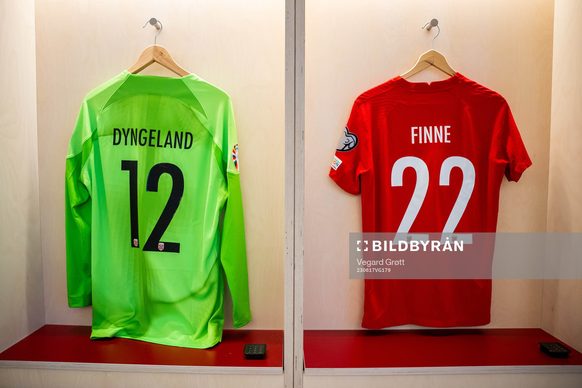 The kits of goalkeeper Mathias Dyngeland and Bård Finne of Norway in the dressing room ahead of the UEFA Euro Qualifier football match between Norway and Scotland on June 17, 2023 in Oslo.