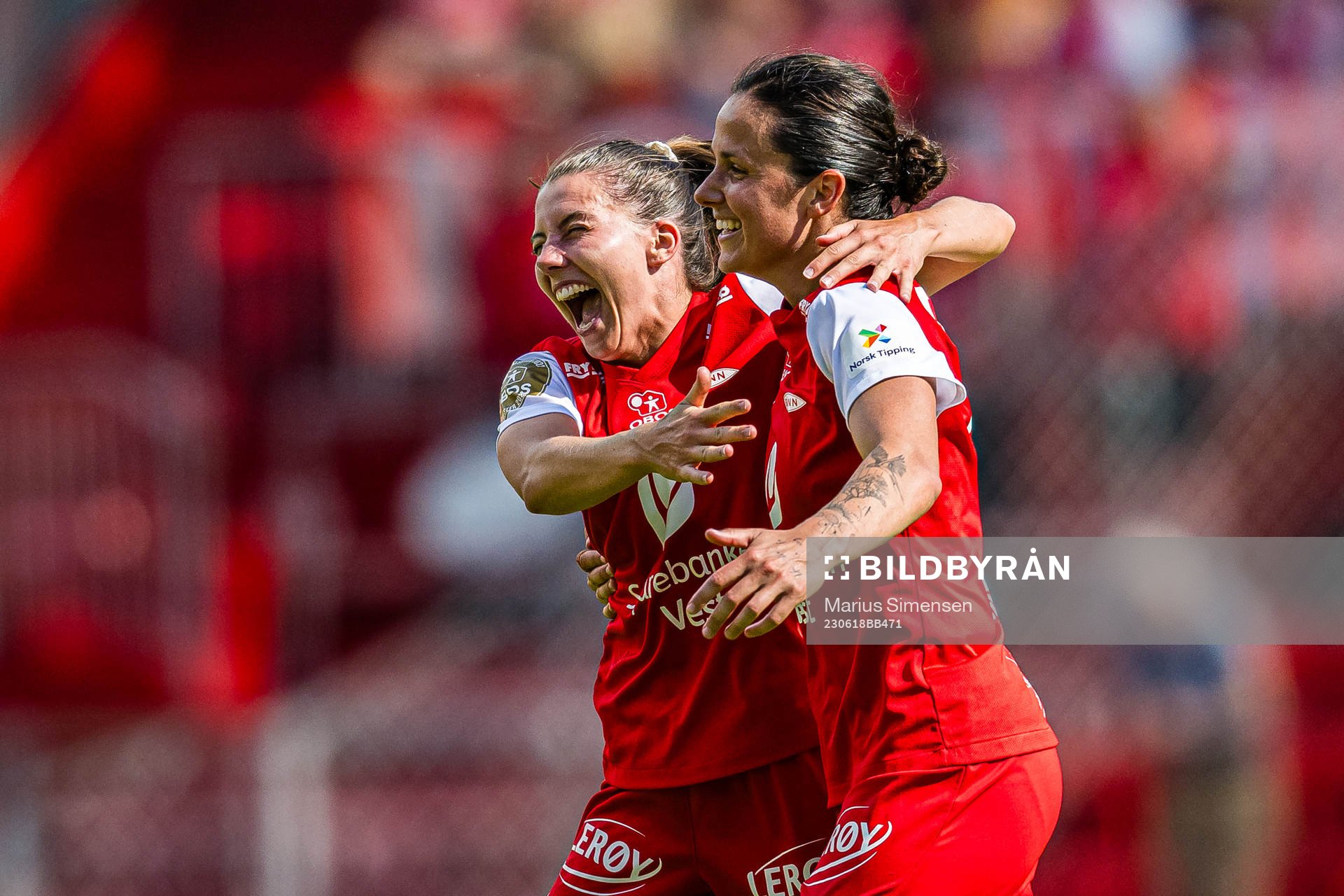 Amanda Paige Frisbie of Brann celebrates after scoring the 3-0 goal during the Toppserien football match between Brann and Avaldsnes on June 18, 2023 in Bergen.