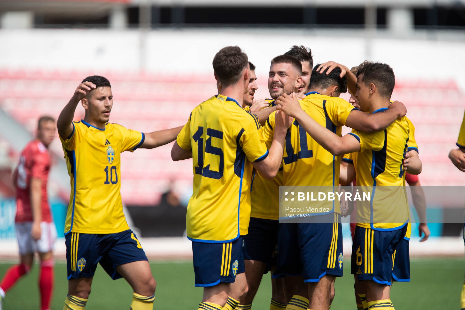 Roony Bardghji, Noah Persson, Tim Prica, Ahmed Qasem and Yasin Ayari of Sweden celebrate during the UEFA European Under-21 qualifying football match between Sweden and Gibraltar on June 19, 2023 in Gibraltar.