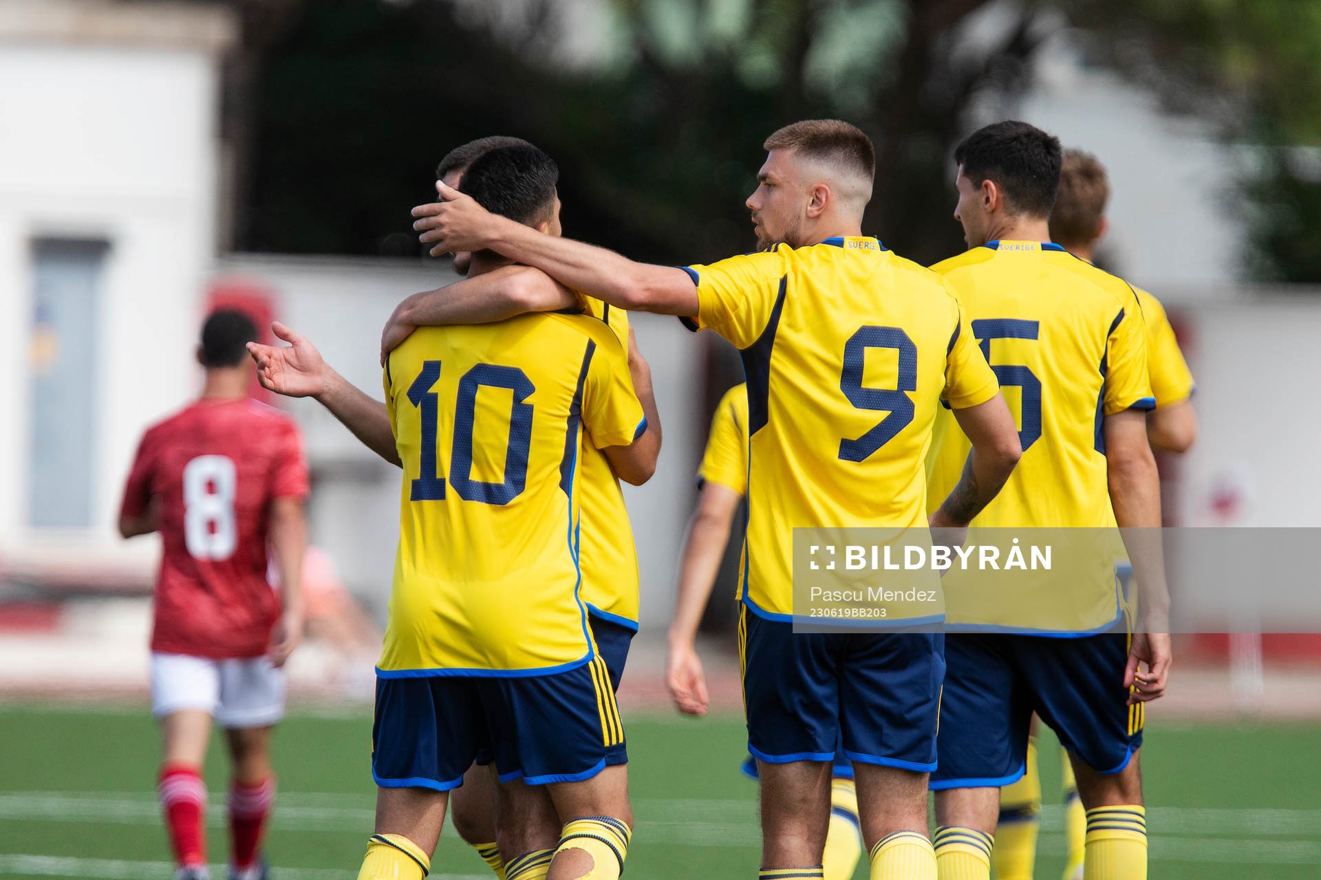 Roony Bardghji and Tim Prica of Sweden celebrate during the UEFA European Under-21 qualifying football match between Sweden and Gibraltar on June 19, 2023 in Gibraltar.