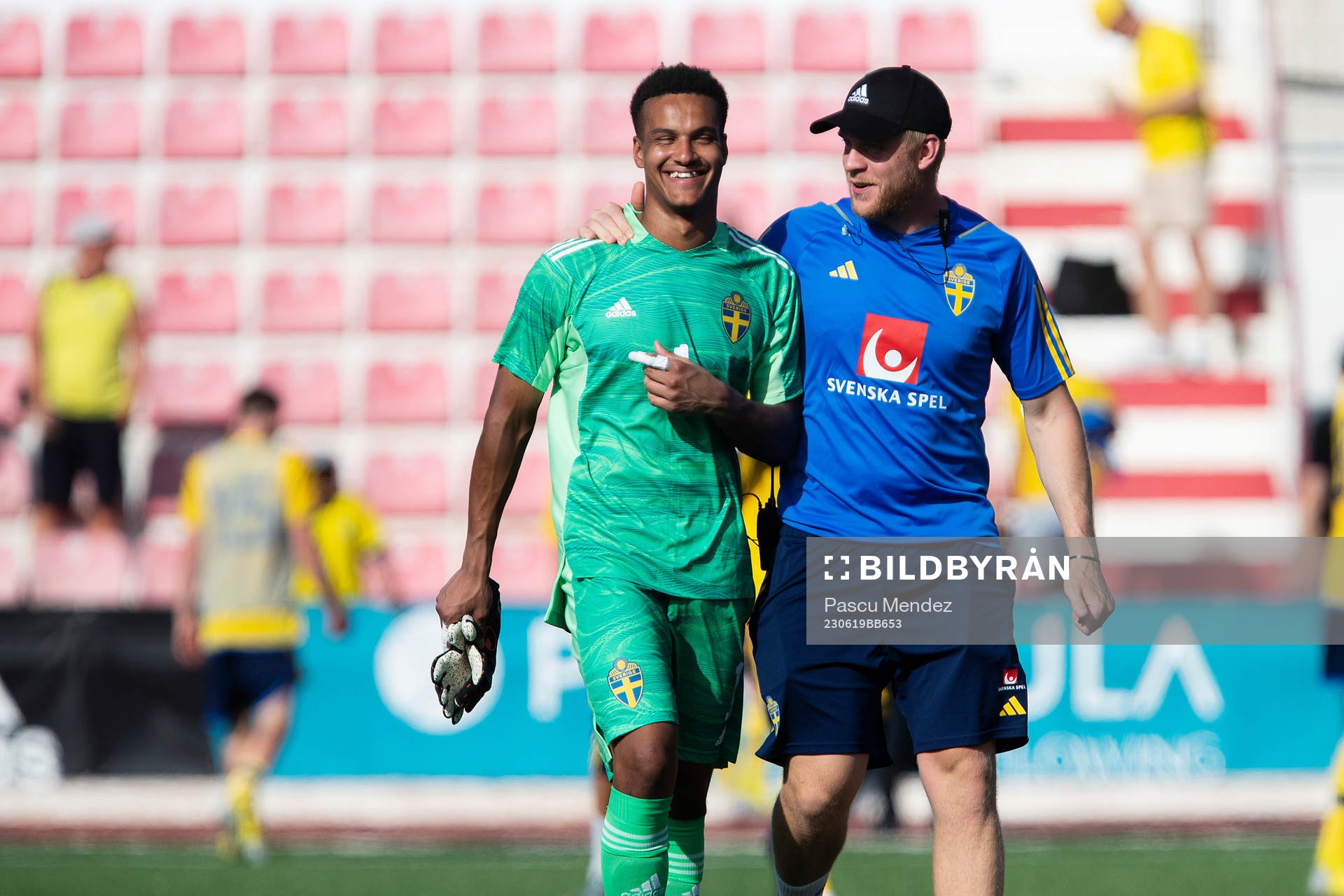 Oliver Dovin and goalkeeper coach Linus Kandolin of Sweden celebrates during the UEFA European U-21 qualifying football match between Sweden and Gibraltar on June 19, 2023 in Gibraltar.
