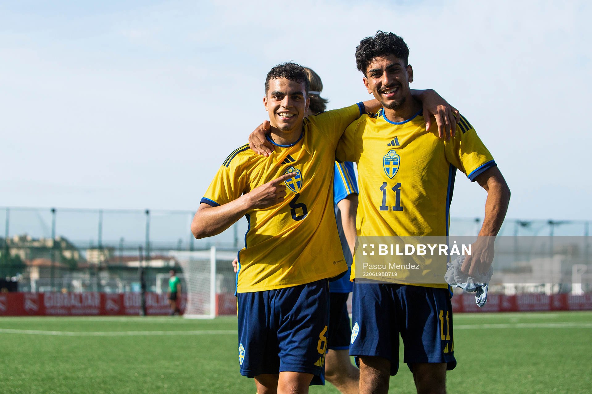 Yasin Ayari and v of Sweden celebrate during the UEFA European U-21 qualifying football match between Sweden and Gibraltar on June 19, 2023 in Gibraltar.