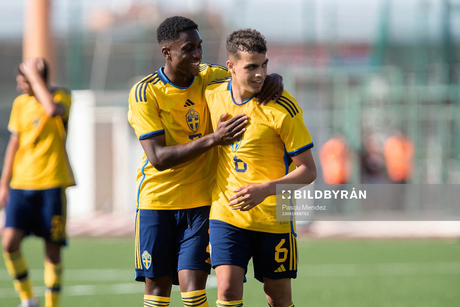 Joe Mendes and Yasin Ayari of Sweden celebrate during the UEFA European U-21 qualifying football match between Sweden and Gibraltar on June 19, 2023 in Gibraltar.
