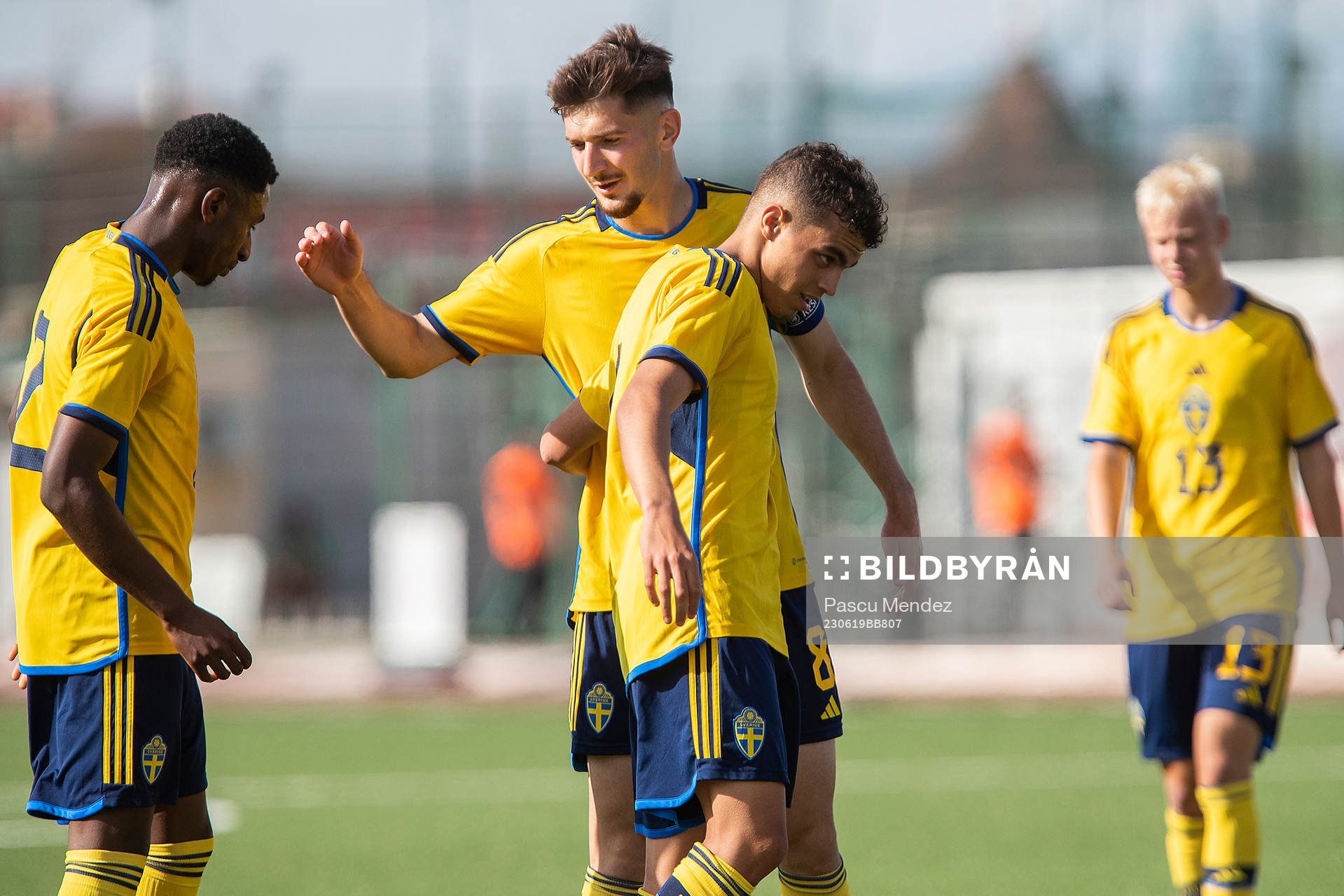 Joe Mendes, Armin Gigovic and Yasin Ayari of Sweden celebrate during the UEFA European U-21 qualifying football match between Sweden and Gibraltar on June 19, 2023 in Gibraltar.
