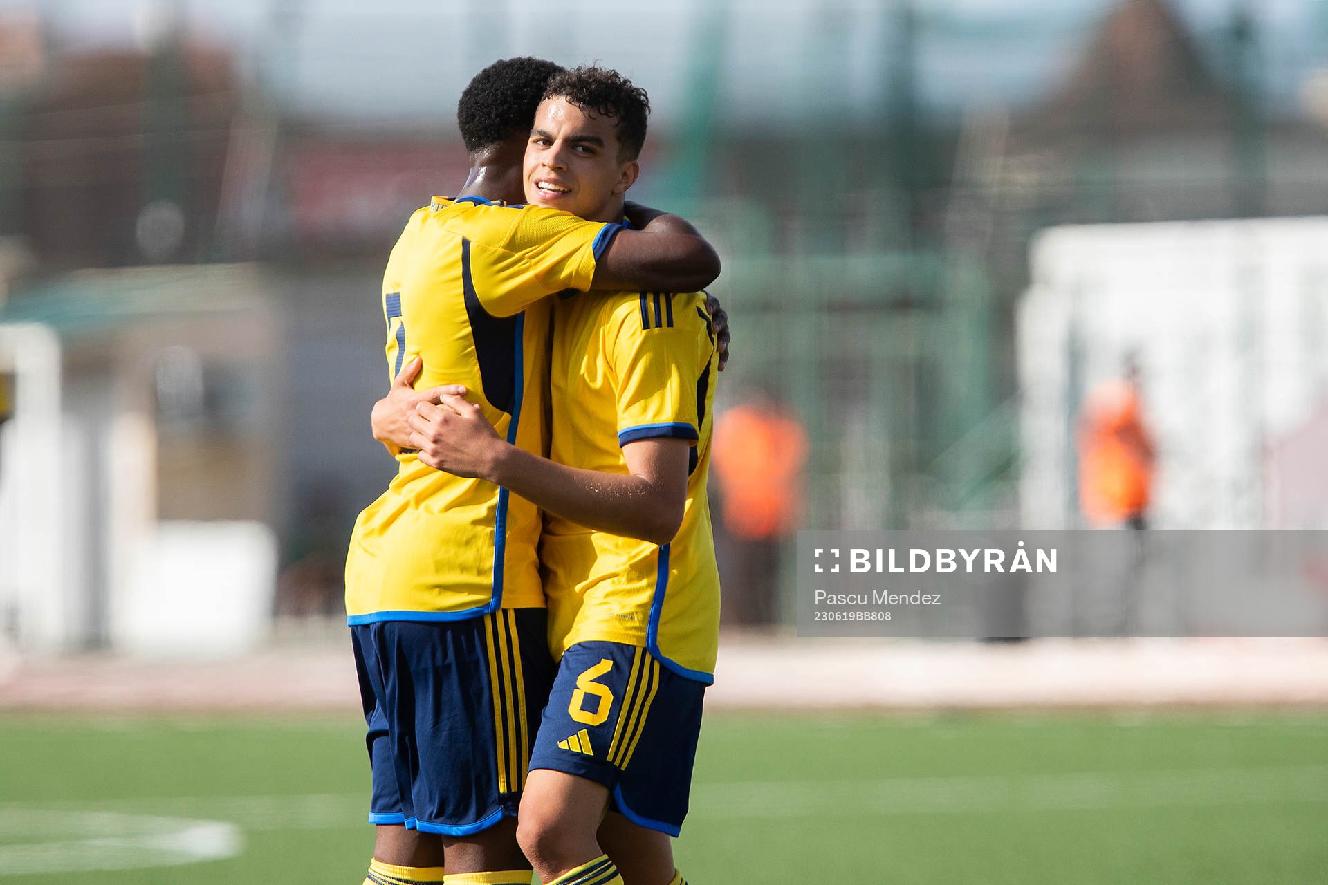 Joe Mendes and Yasin Ayari of Sweden celebrate during the UEFA European U-21 qualifying football match between Sweden and Gibraltar on June 19, 2023 in Gibraltar.