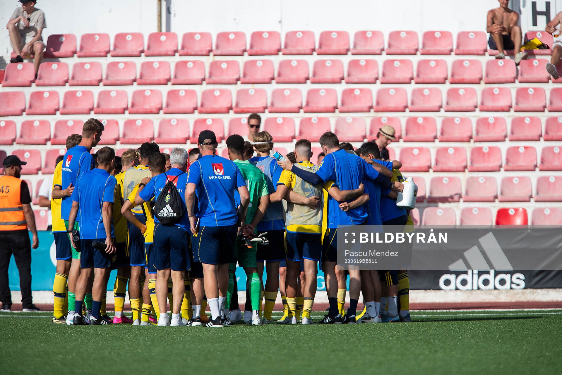 Players of Sweden celebrate during the UEFA European U-21 qualifying football match between Sweden and Gibraltar on June 19, 2023 in Gibraltar.