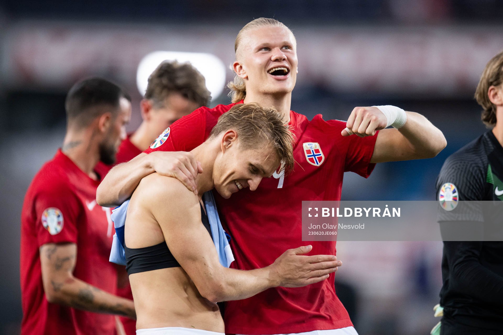 Martin Ødegaard and Erling Braut Haaland of Norway after the UEFA Euro Qualifier football match between Norway and Cyprus on June 20, 2023 in Oslo.
