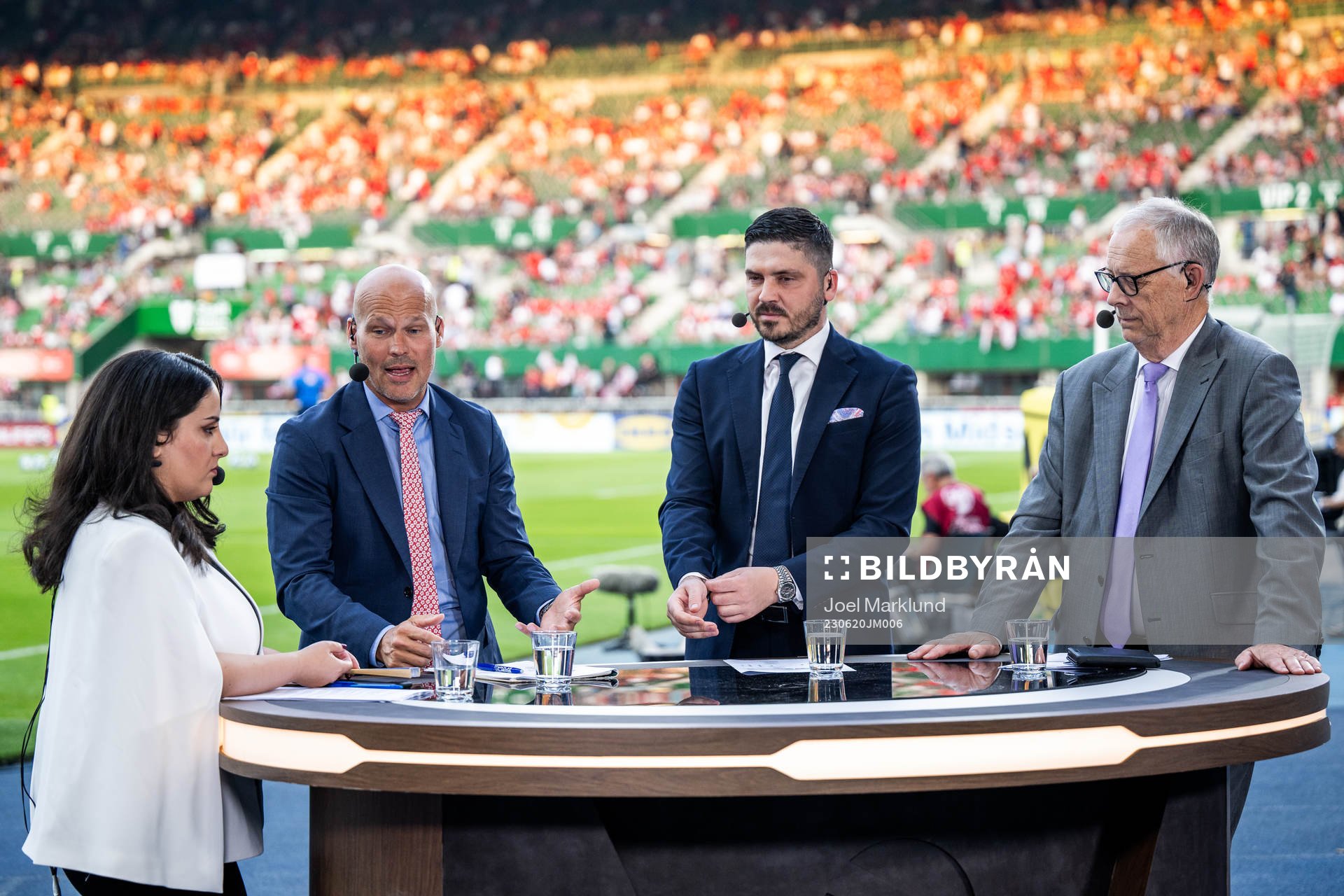 Commentators of Viaplay Jennifer Kucukaslan, Fredrik Ljungberg, Bojan Djordjic and Lars Lagerbäck ahead of the UEFA Euro Qualifier football match between Austria and Sweden on June 20, 2023 in Vienna.