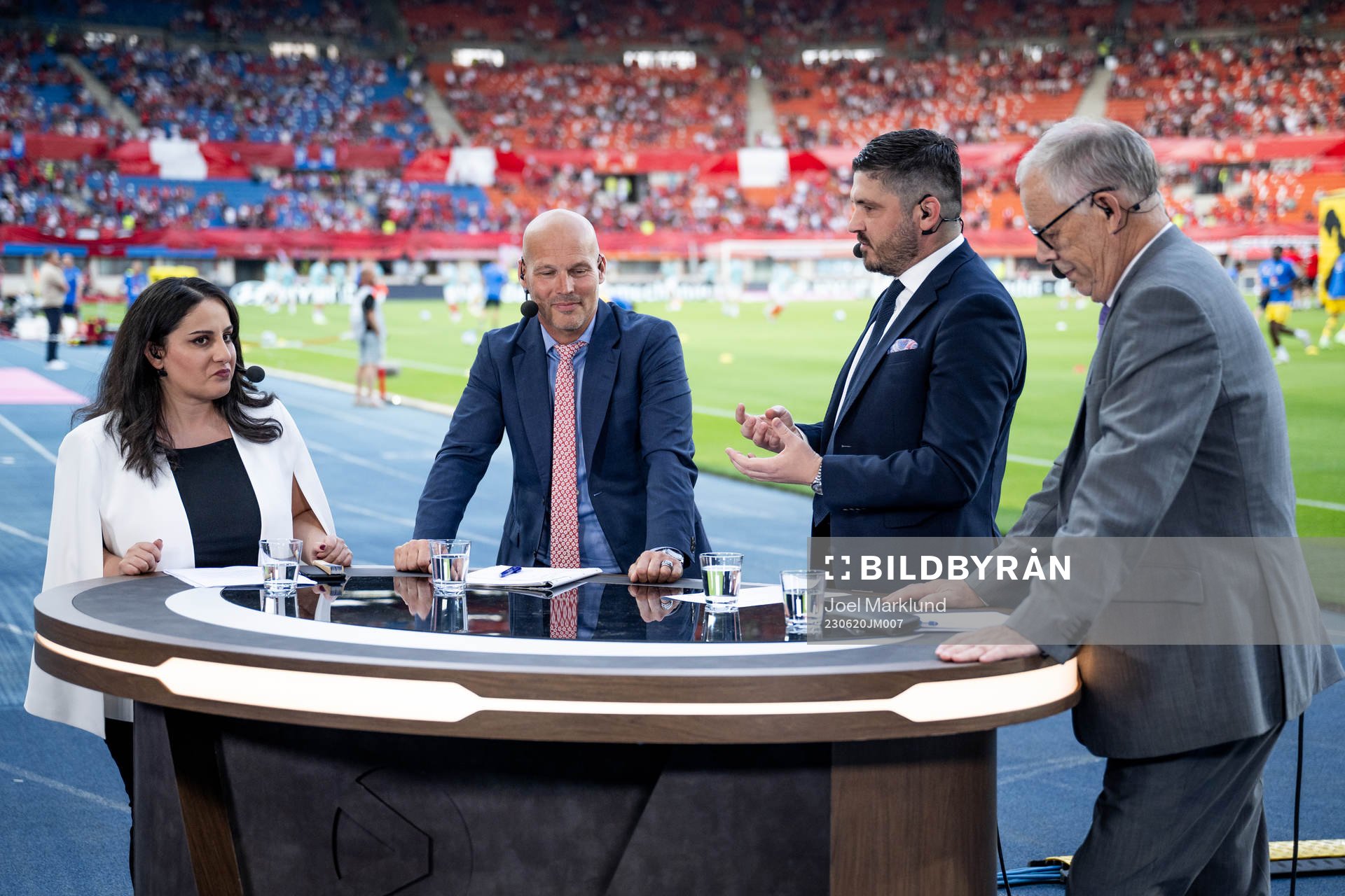 Commentators of Viaplay Jennifer Kucukaslan, Fredrik Ljungberg, Bojan Djordjic and Lars Lagerbäck ahead of the UEFA Euro Qualifier football match between Austria and Sweden on June 20, 2023 in Vienna.