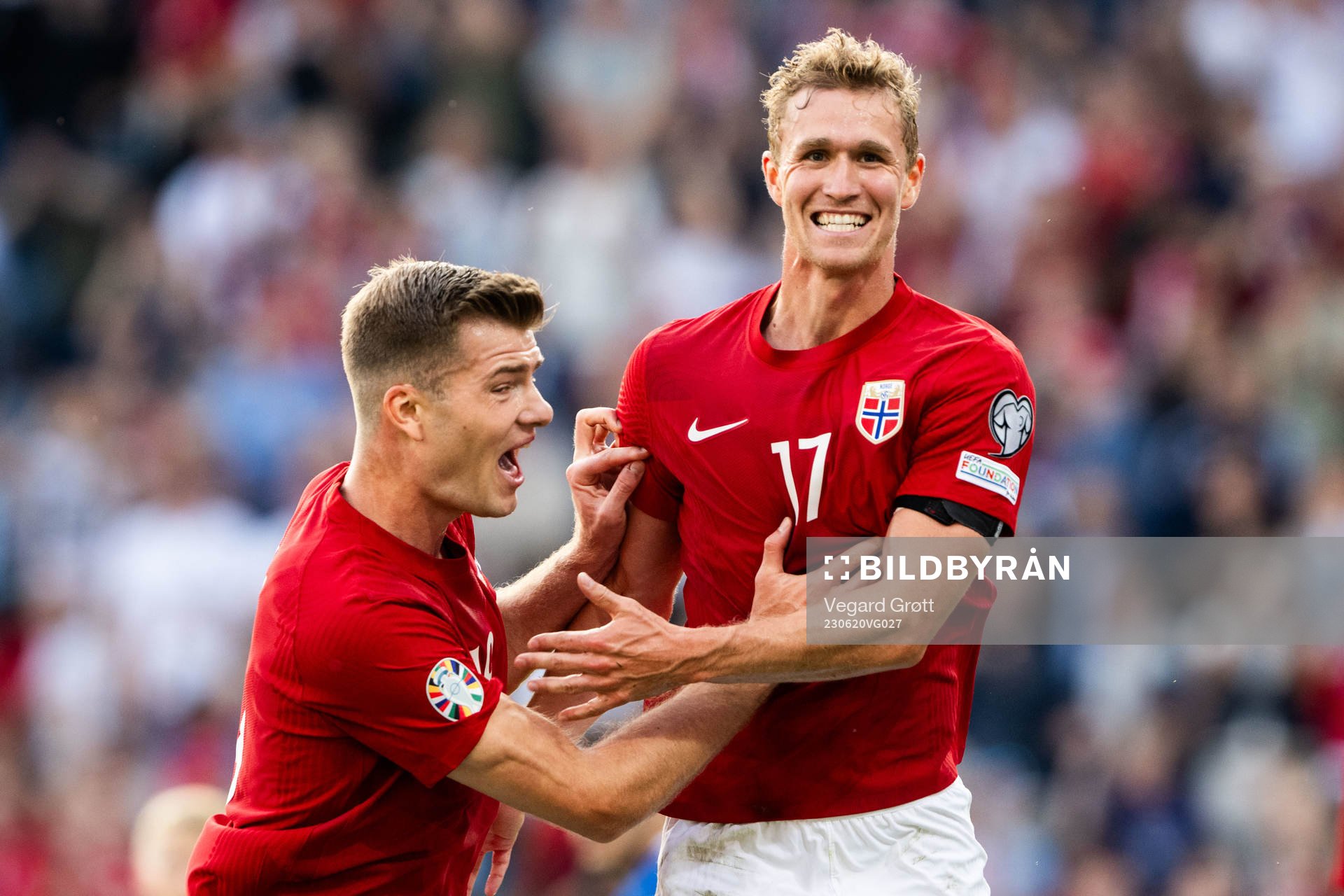 Ola Solbakken of Norway celebrates with Alexander Sørloth
