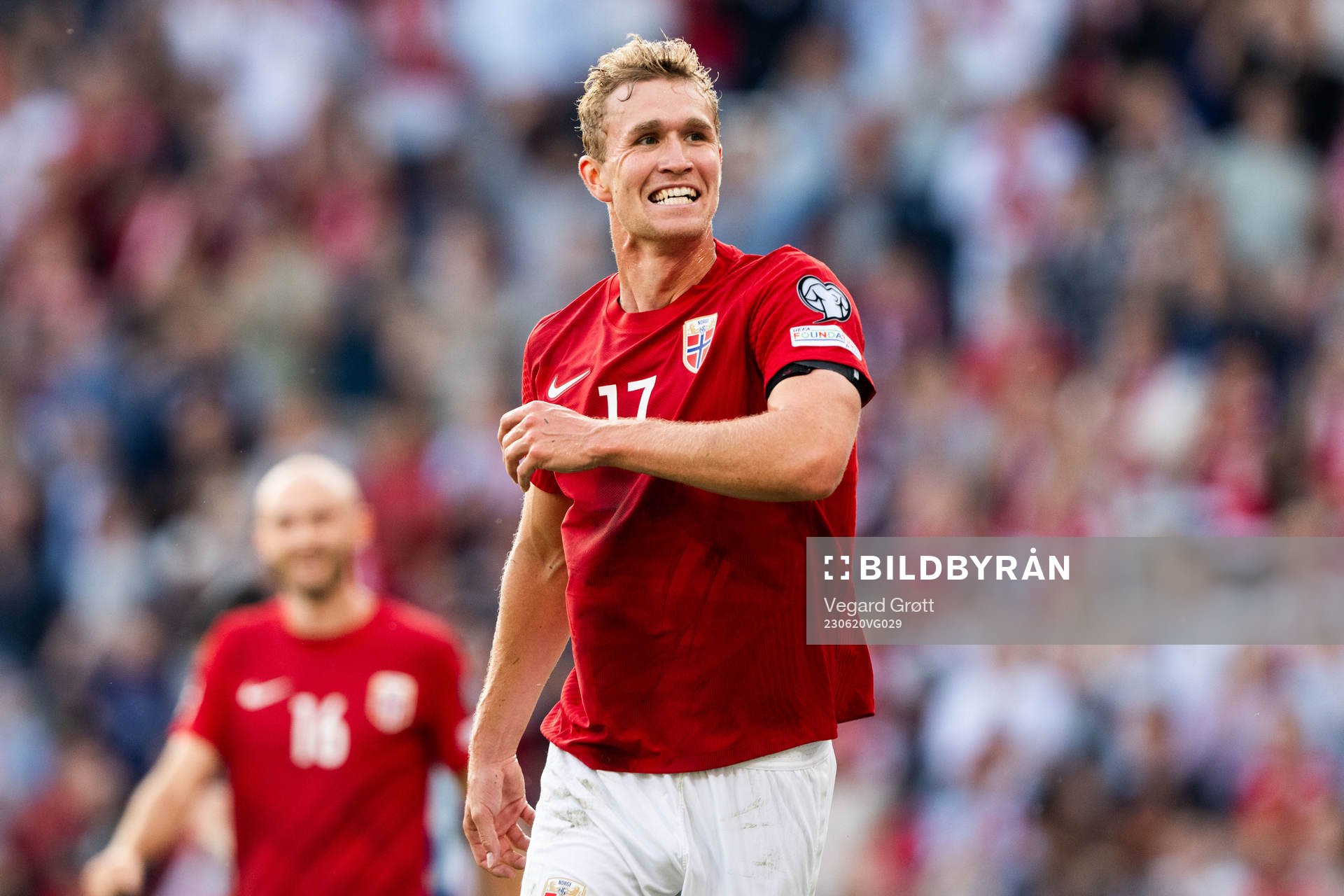 Ola Solbakken of Norway celebrates with Alexander Sørloth
