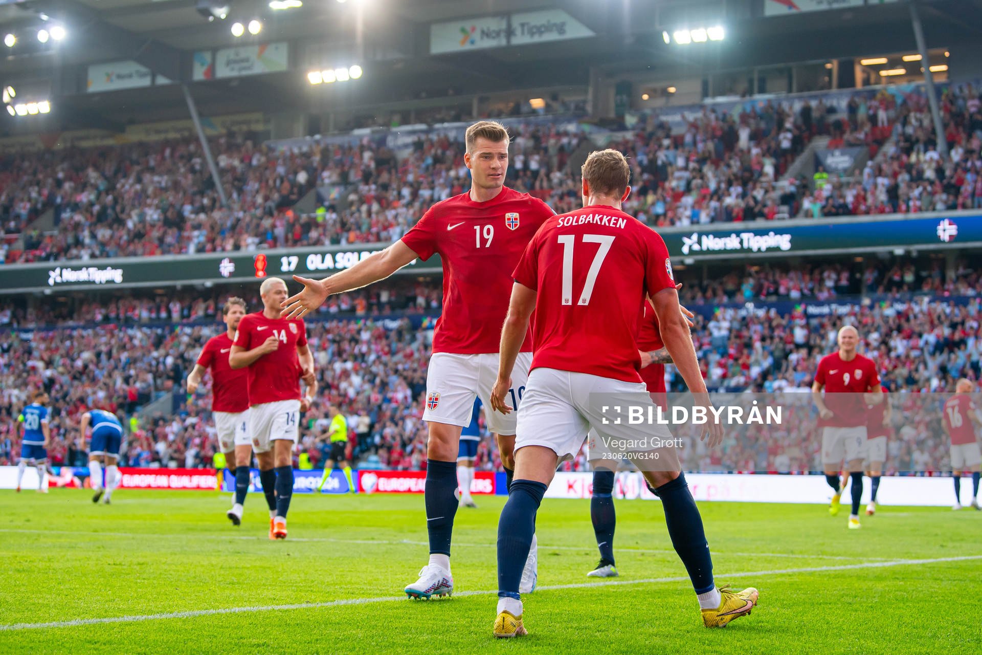 Ola Solbakken of Norway celebrates with Alexander Sørloth