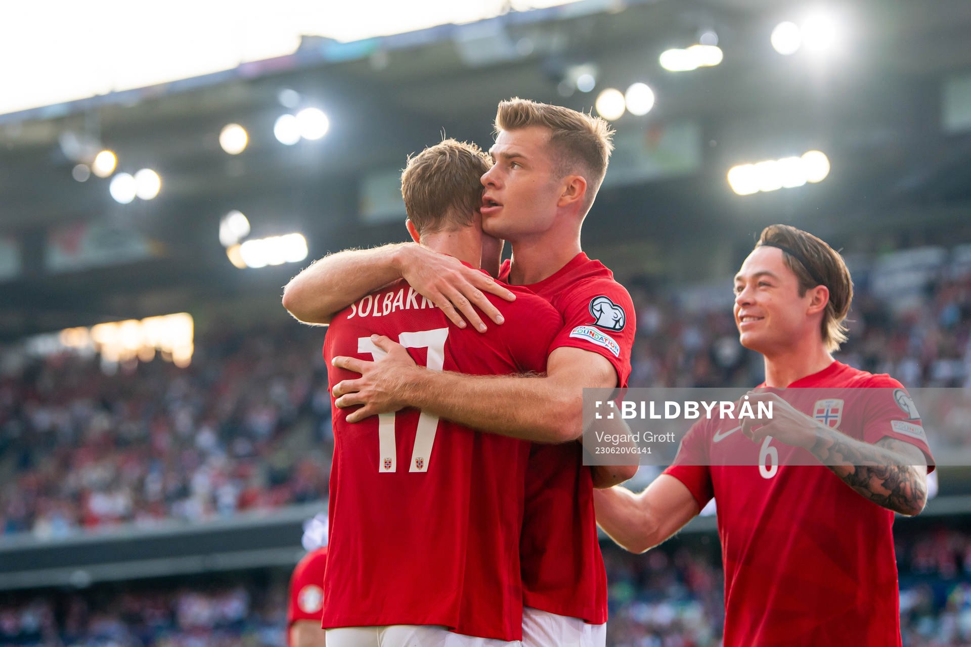 Ola Solbakken of Norway celebrates with Alexander Sørloth