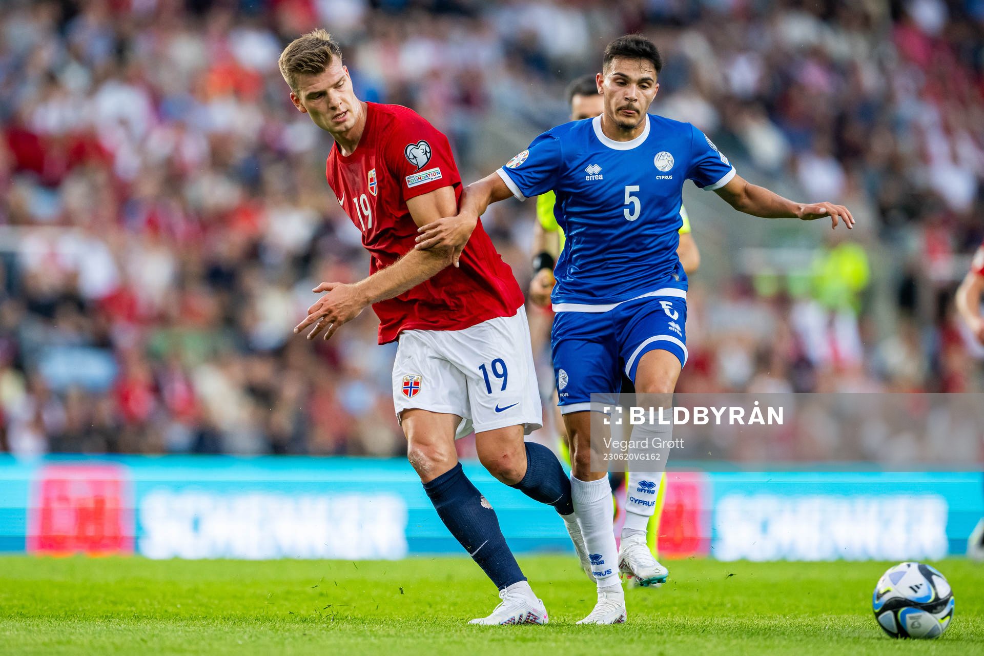 Alexander Sørloth of Norway and Charalampos Charalampous