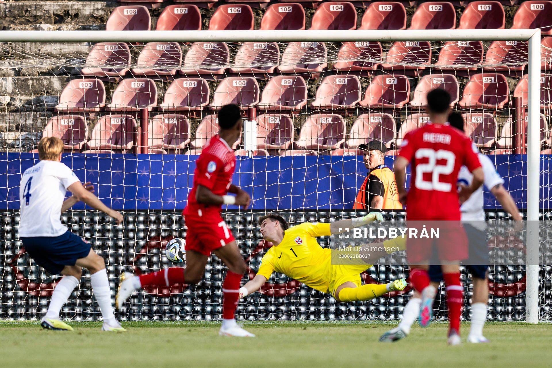 Dan Ndoye of Switzerland scores 1-1 behind goalkeeper Mads