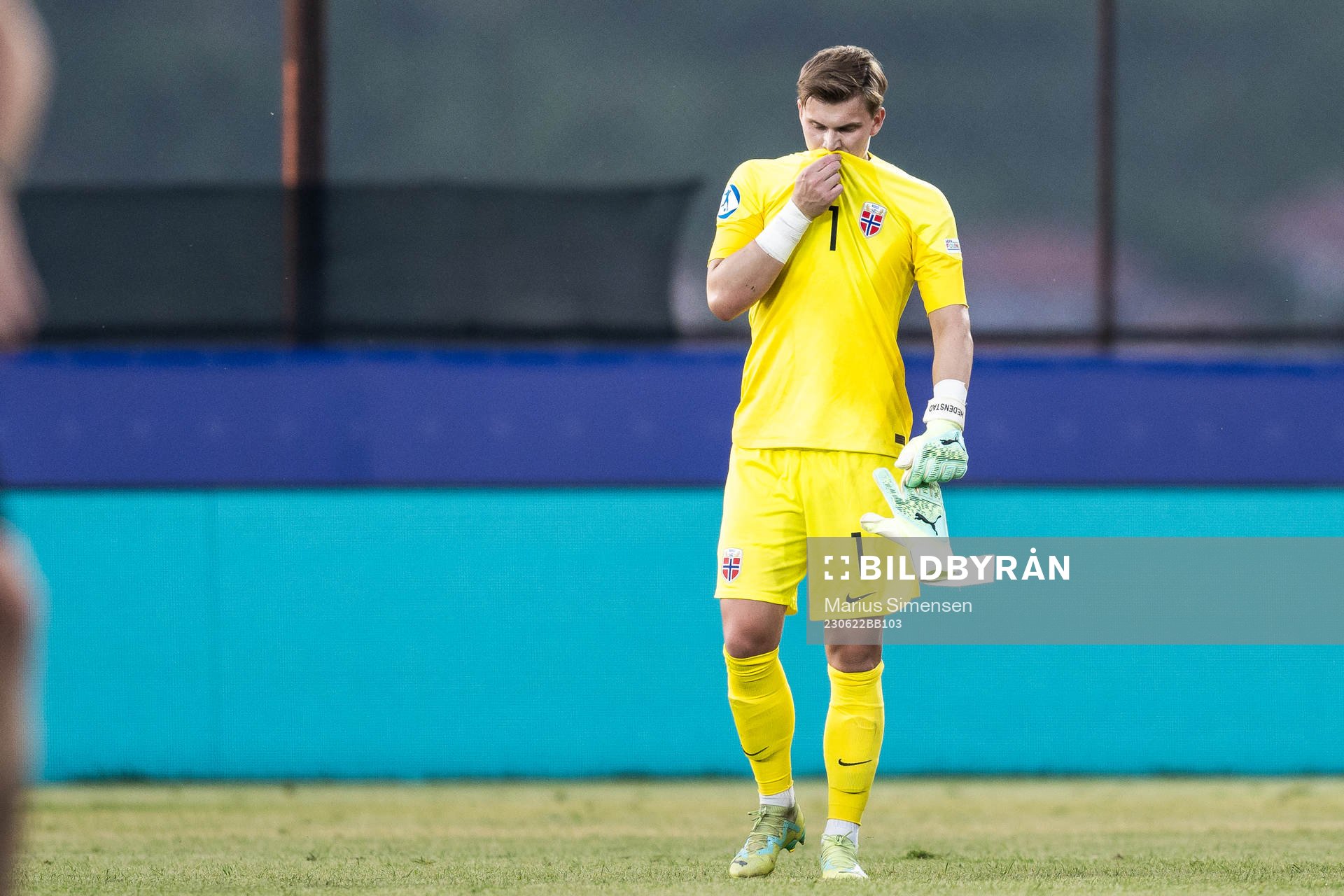 Goalkeeper Mads Hedenstad Christiansen of Norway looks