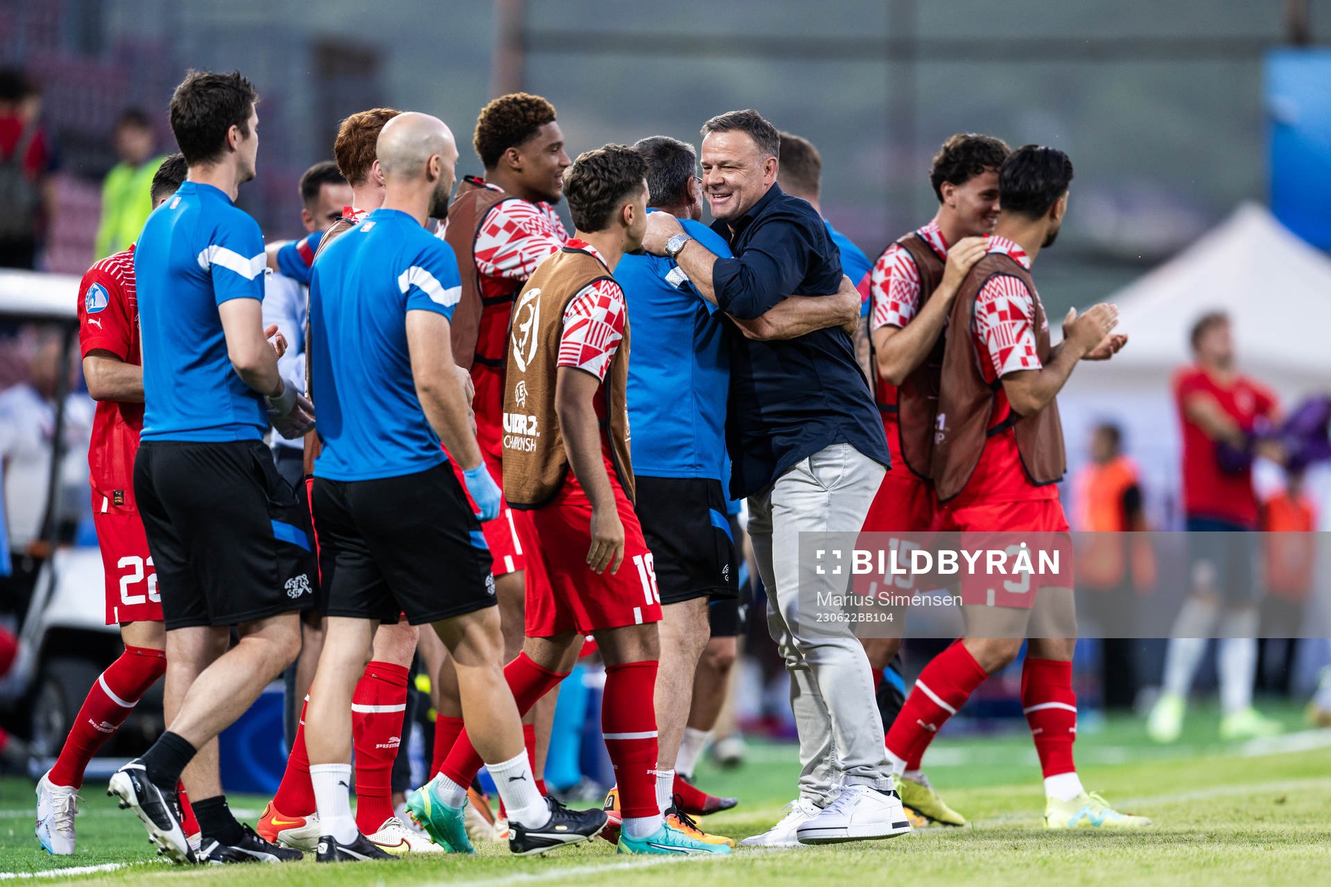 Head coach Patrick Rahmen of Switzerland celebrates