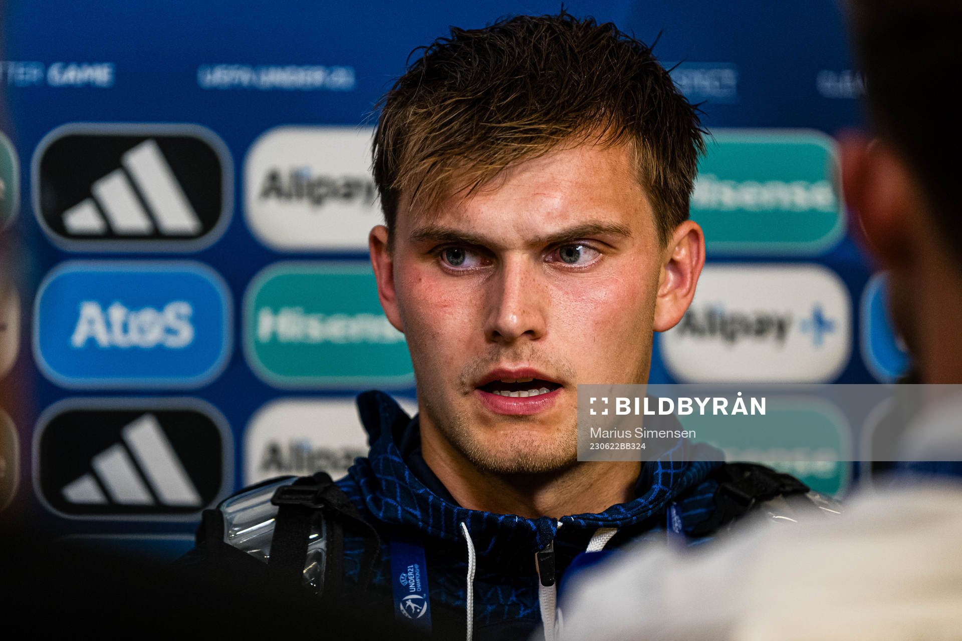 Mads Hedenstad Christiansen of Norway in the mixed zone after the UEFA European Under-21 Championship group stage football match between Norway and Switzerland on June 22, 2023 in Cluj-Napoca.