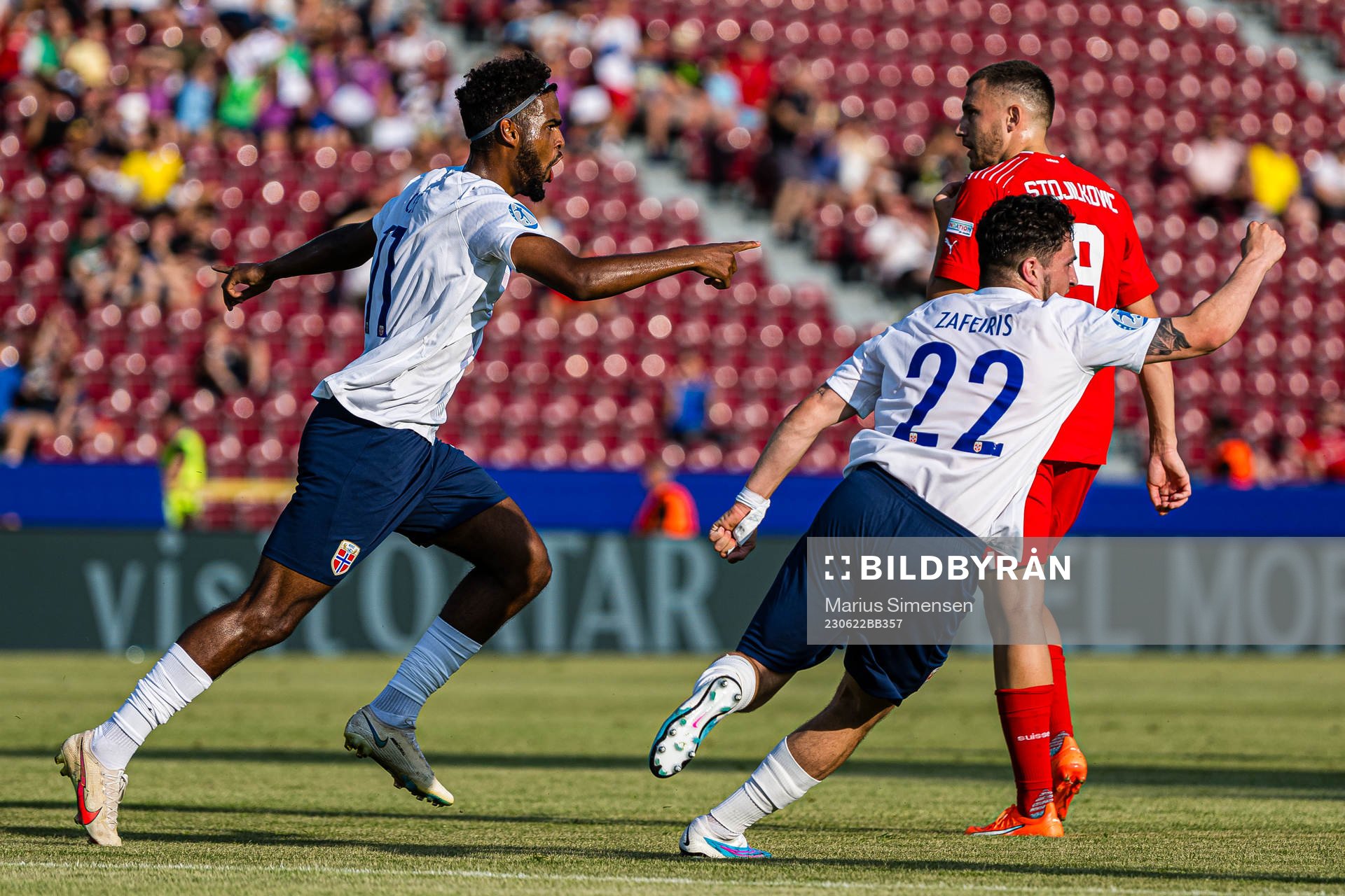 Emil Konradsen Ceide of Norway celebrates after scoring the 1-0 goal during the UEFA European Under-21 Championship group stage football match between Norway and Switzerland on June 22, 2023 in Cluj-Napoca.