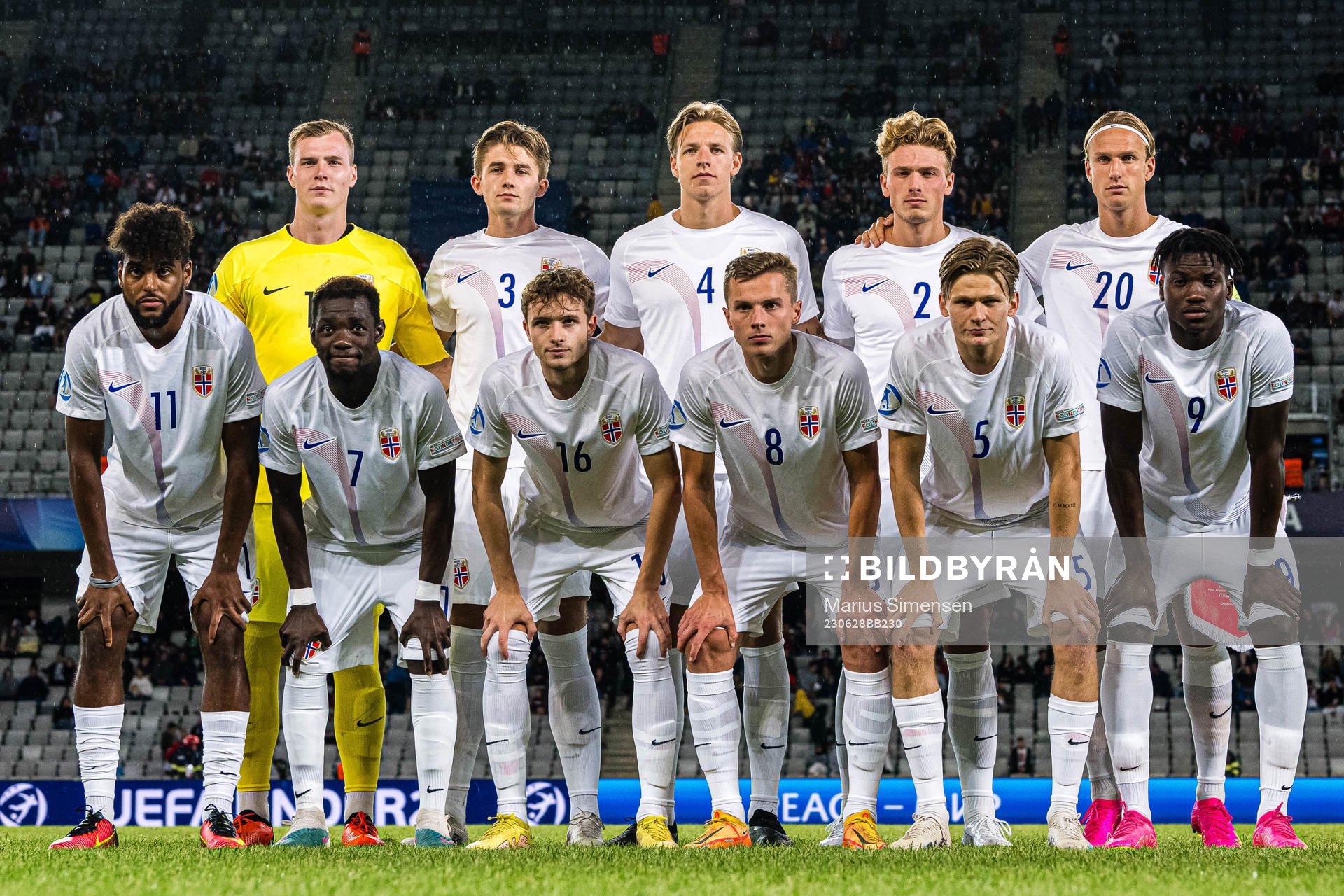 The starting eleven of Norway, from the top left; Kristoffer Klaesson, Henrik Heggheim, Jesper Norman Daland, Sebastian Sebulonsen, Erik Botheim, Emil Konradsen Ceide, Joshua Kitolano, Håkon Evjen, Johan Hove, David Møller Wolfe and Seedyahmed Tijan Jatta poses for a team group photo ahead of the UEFA European Under-21 Championship group stage football match between Italy and Norway on June 28, 2023 in Cluj-Napoca.
