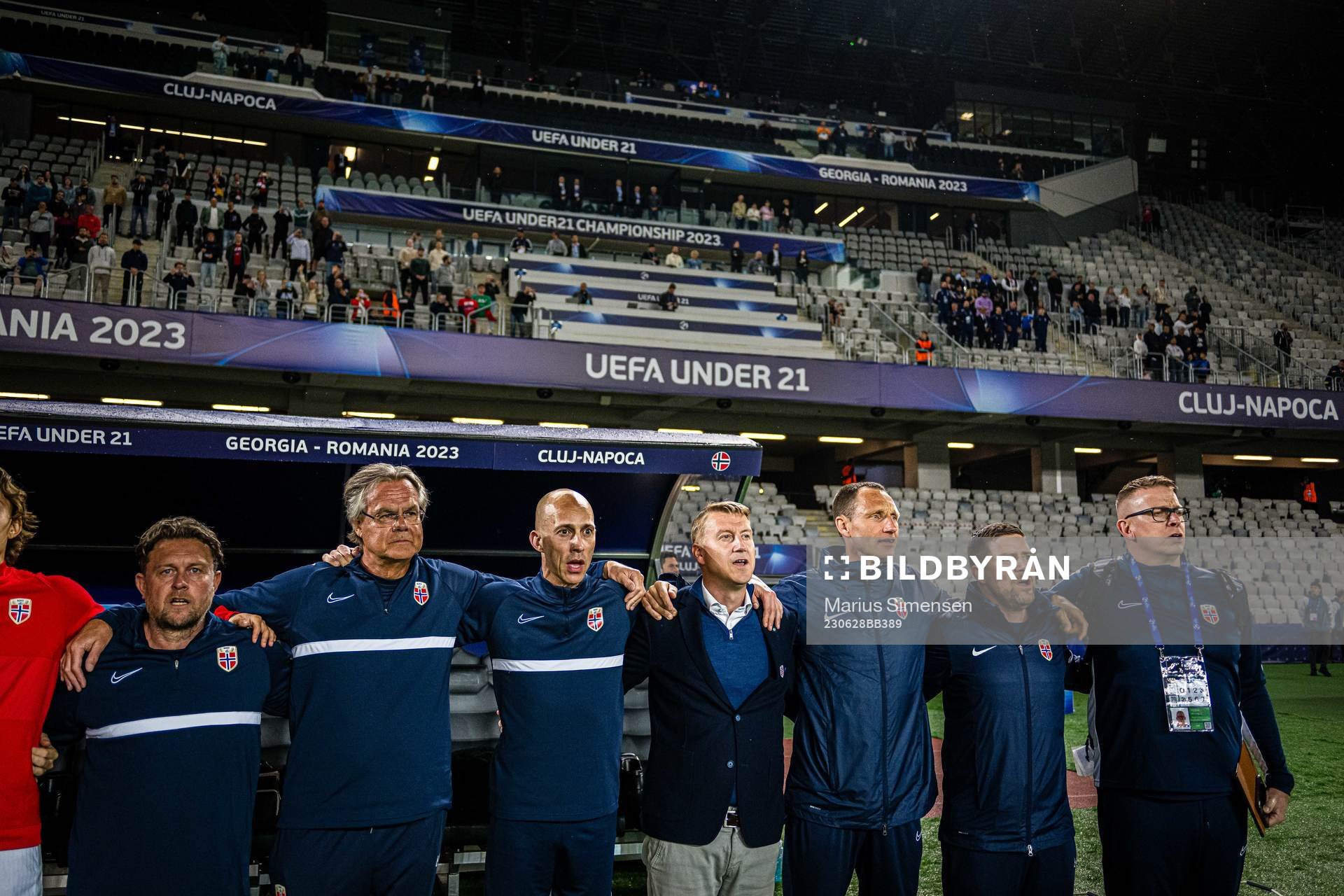Bård Homstøl, Geir Stray Andreassen, Jonas Kolstad, Leif Gunnar Smerud, Terje Skjeldestad, Sigbjørn Korneliussen and Henning Sverdrup ahead of the UEFA European Under-21 Championship group stage football match between Italy and Norway on June 28, 2023 in Cluj-Napoca.