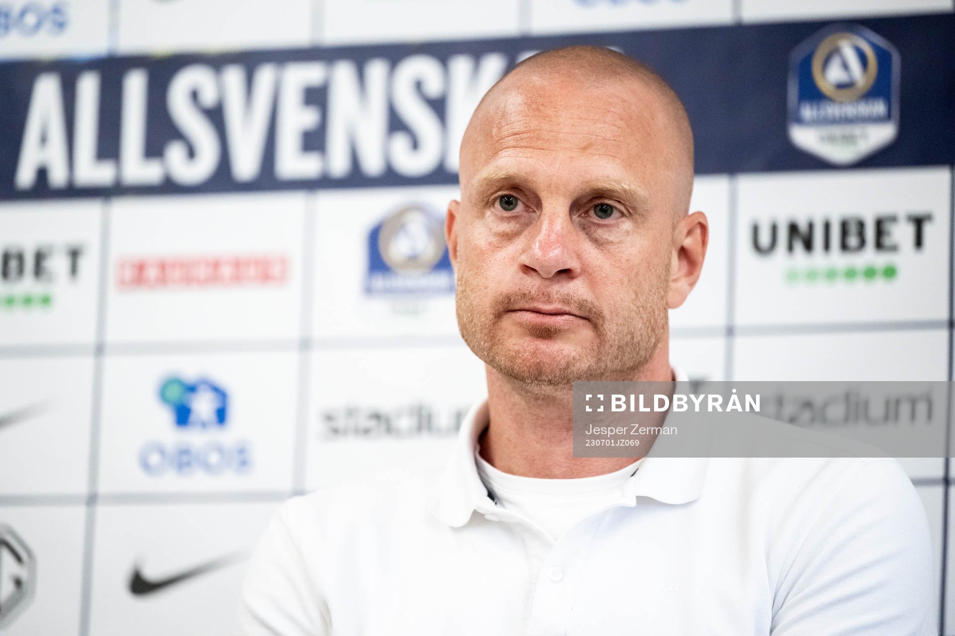 AIKs tränare Andreas Brännström på presskonferensen efter fotbollsmatchen i Allsvenskan mellan Brommapojkarna och AIK den 1 juli 2023 i Stockholm.