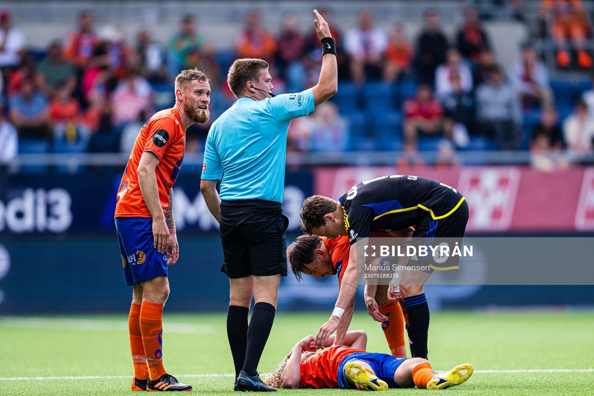 Alexander Munksgaard of Aalesund in pain during the Eliteserien match between Aalesund and Rosenborg on July 2, 2023 in Ålesund.