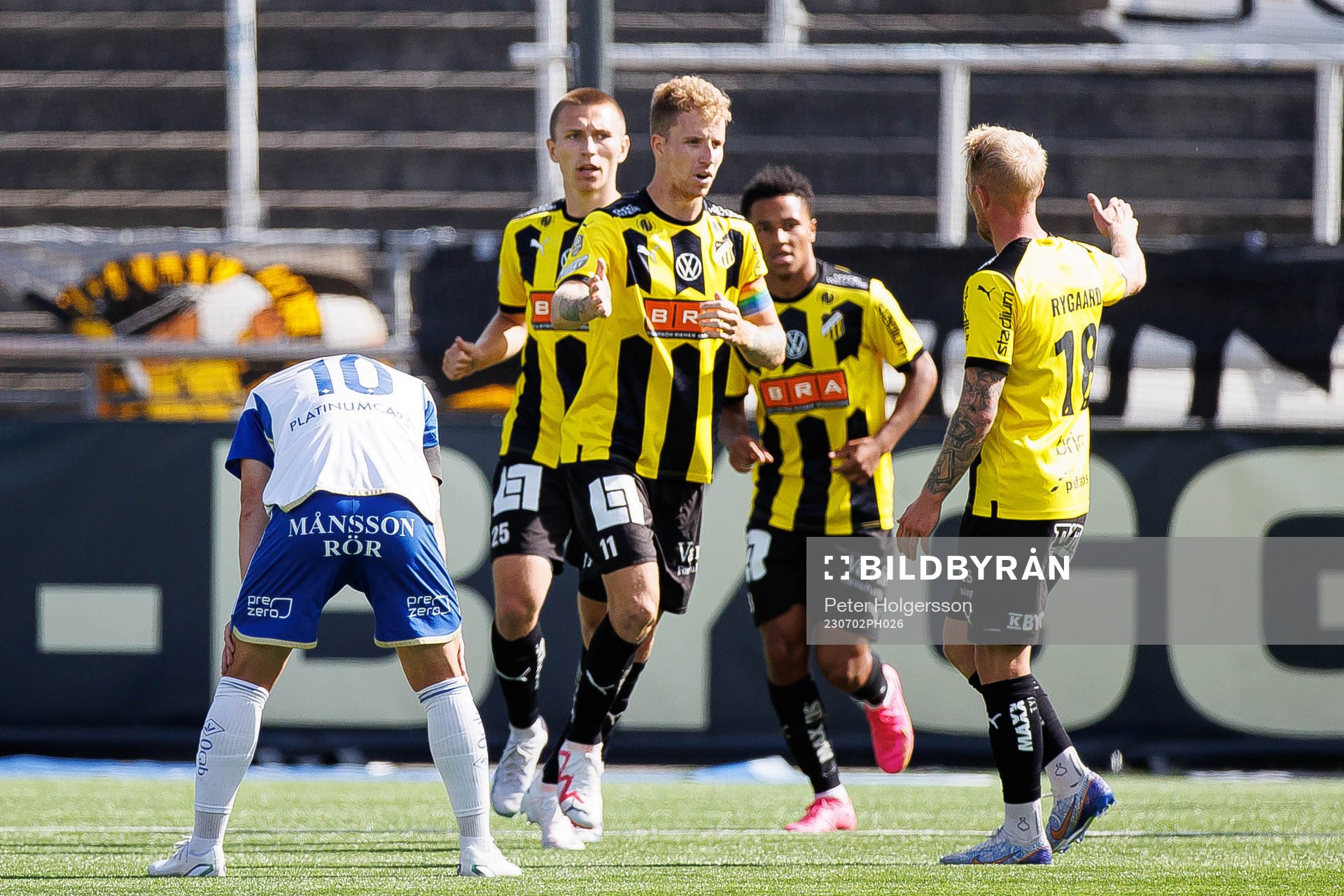 Häckens Samuel Gustafson jublar efter 2-2 under fotbollsmatchen i Allsvenskan mellan IFK Norrköping och Häcken den 2 juli 2023 i Norrköping. 
