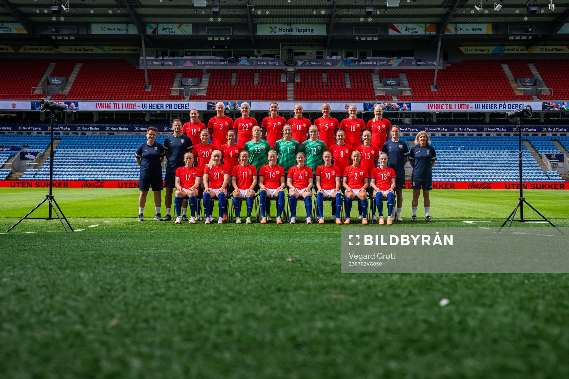 Players and staff of the Norwegian women's national football team pose for the official team photo ahead of the FIFA Women's World Cup on July 2, 2023 in Oslo. Top row, left to right: Marit Bratberg Lund, Sara Hørte, Sophie Román Haug, Ingrid Syrstad Engen, Frida Maanum, Guro Bergsvand, Mathilde Harviken and Karina Sævik. Middle row: Assistant coach Monica Knudsen, goalkeeper coach Jon Knudsen, Emilie Bosshard Haavi, Tuva Hansen, goalkeeper Aurora Mikalsen, goalkeeper Cecilie Fiskerstrand, goalkeeper Guro Pettersen, Vilde Bøe Risa, Amalie Eikeland, assistant coach Ingvild Stensland and head coach Hege Riise. Front row: Julie Blakstad, Anna Jøsendal, Guro Reiten, Ada Hegerberg, Maren Mjelde, Caroline Graham Hansen, Anja Sønstevold and Thea Bjelde.