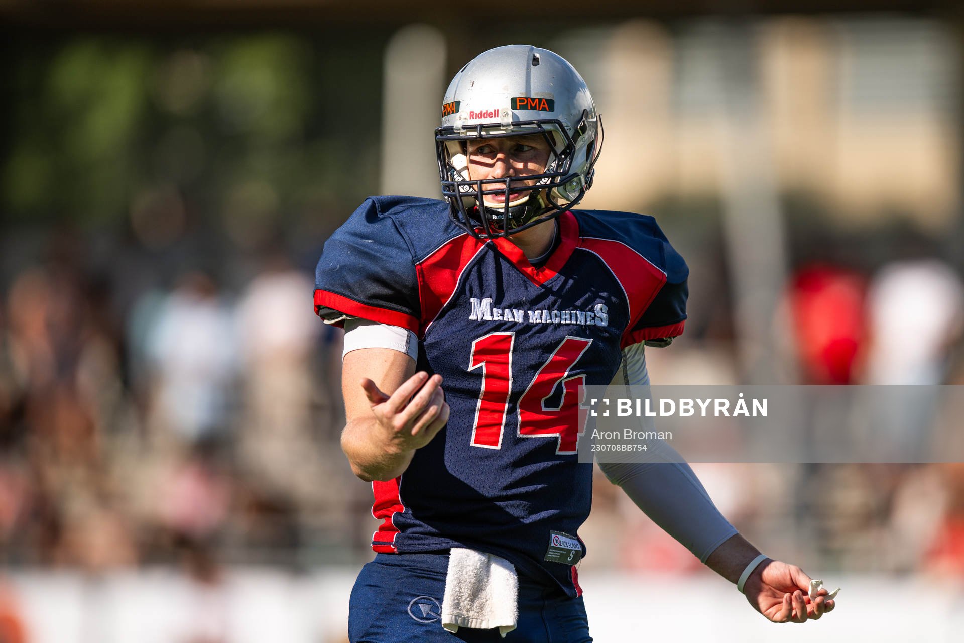 Stockholm Mean Machines Mark Pappas under SM-finalen i Amerikansk Fotboll mellan Stockholm Mean Machines och Tyresö Royal Crowns den 8 juli 2023 i Stockholm.