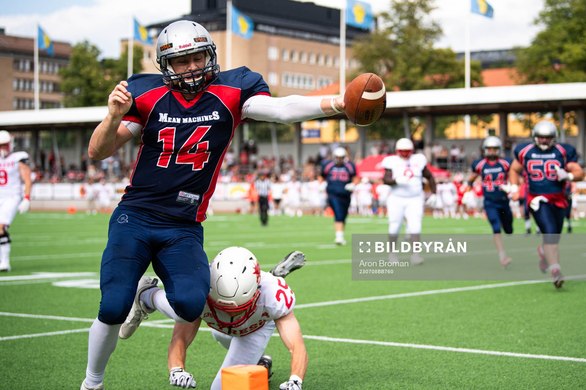 Stockholm Mean Machines Mark Pappas under SM-finalen i Amerikansk Fotboll mellan Stockholm Mean Machines och Tyresö Royal Crowns den 8 juli 2023 i Stockholm.