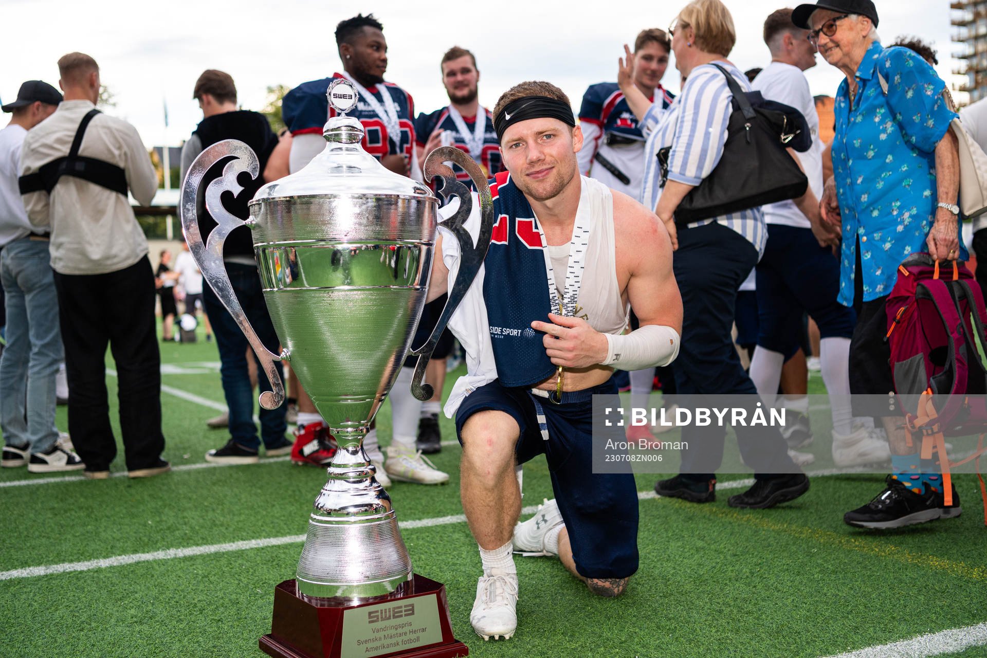 Stockholm Mean Machines Carl Henriksson efter SM-finalen i Amerikansk Fotboll mellan Stockholm Mean Machines och Tyresö Royal Crowns den 8 juli 2023 i Stockholm.