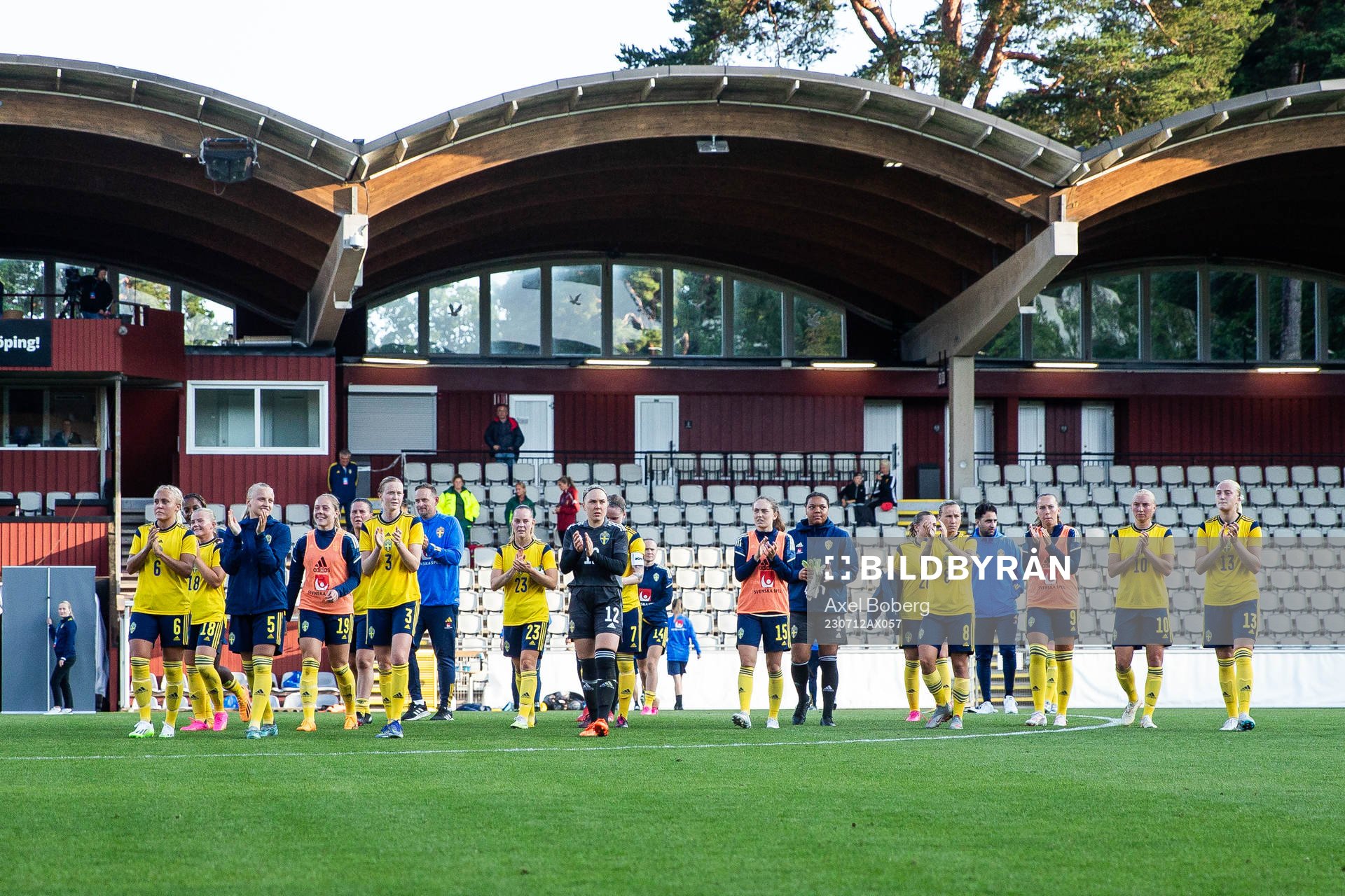 Players of Sweden celebrate after the international friendly U23 football match between Sweden and China on July 12, 2023 in Jönköping.