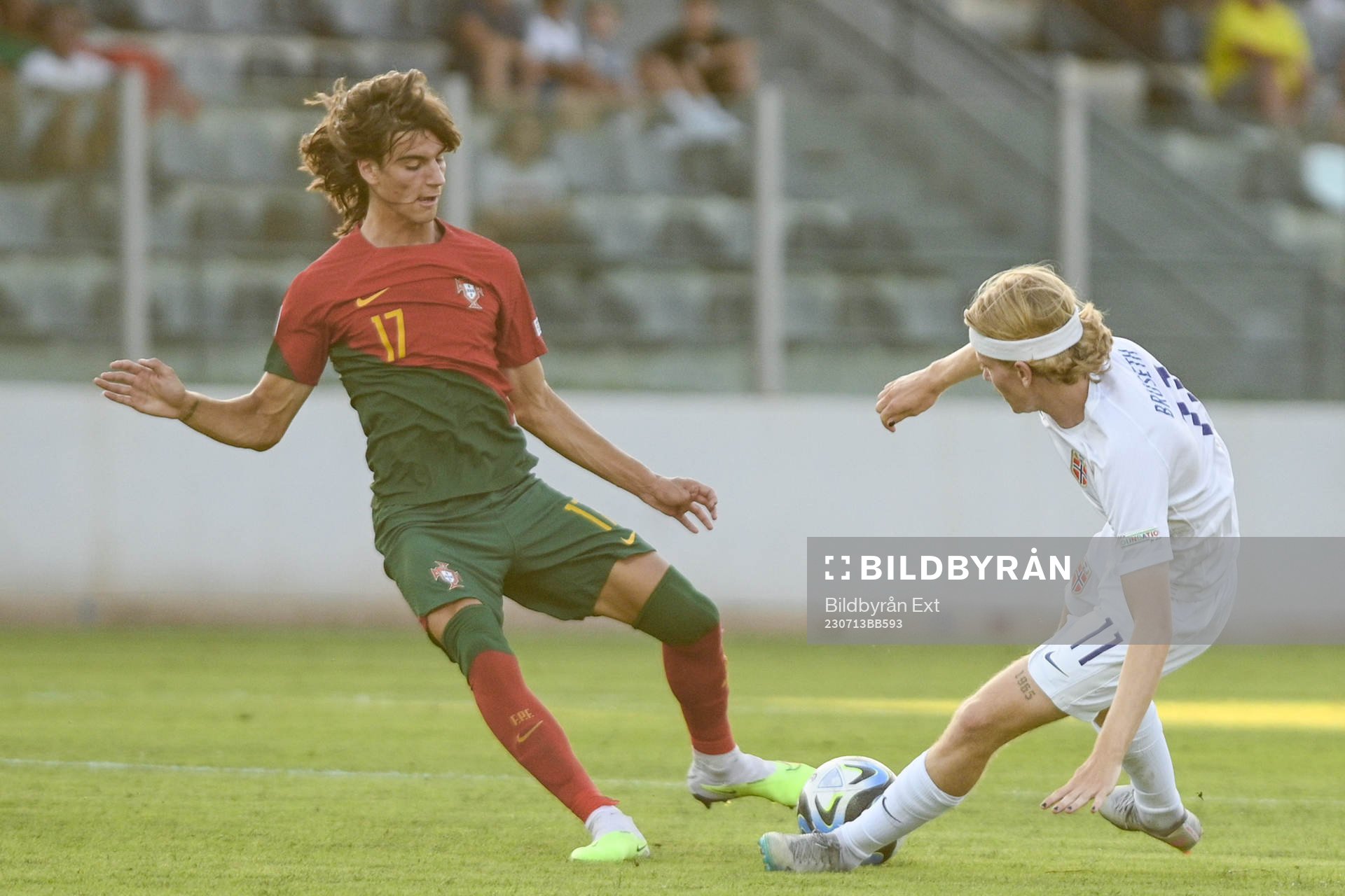 Joao Goncalves of Portugal and Heine Gikling Bruseth of Norway during the UEFA European Under-19 championships semi final between Norway and Portugal on July 13, 2023 in Paola.