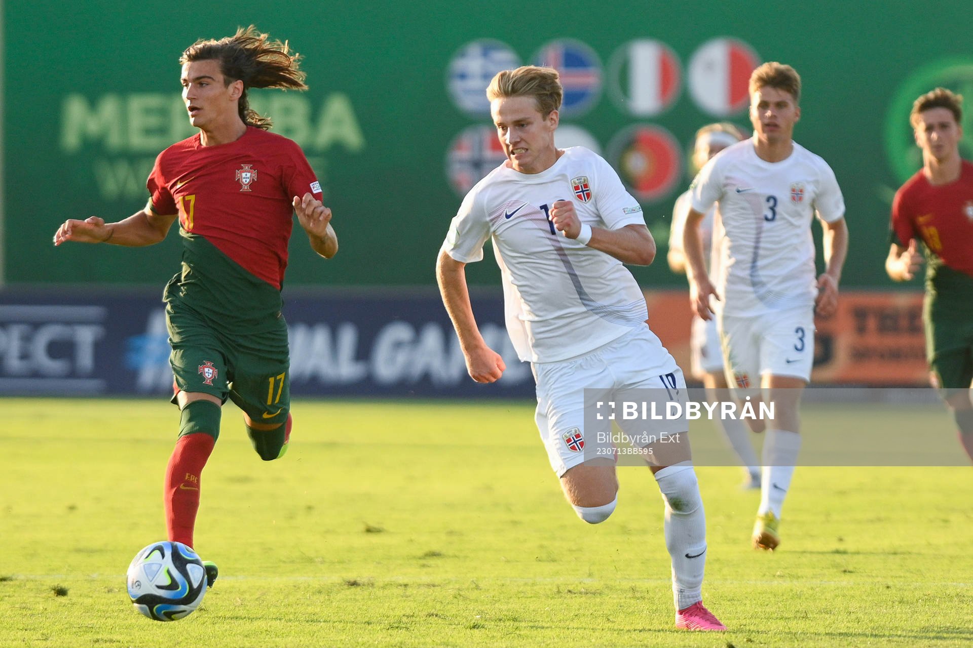 Joao Goncalves of Portugal and Benjamin Thoresen Faraas of Norway during the UEFA European Under-19 championships semi final between Norway and Portugal on July 13, 2023 in Paola.