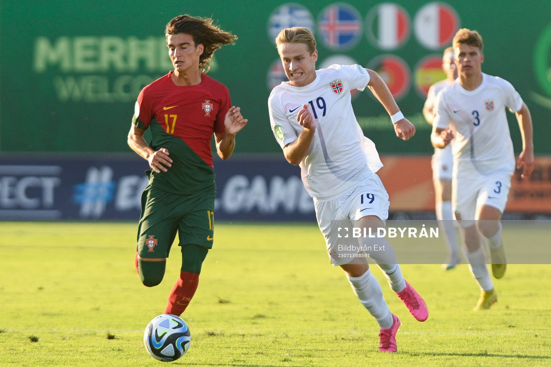 Joao Goncalves of Portugal and Benjamin Thoresen Faraas of Norway during the UEFA European Under-19 championships semi final between Norway and Portugal on July 13, 2023 in Paola.