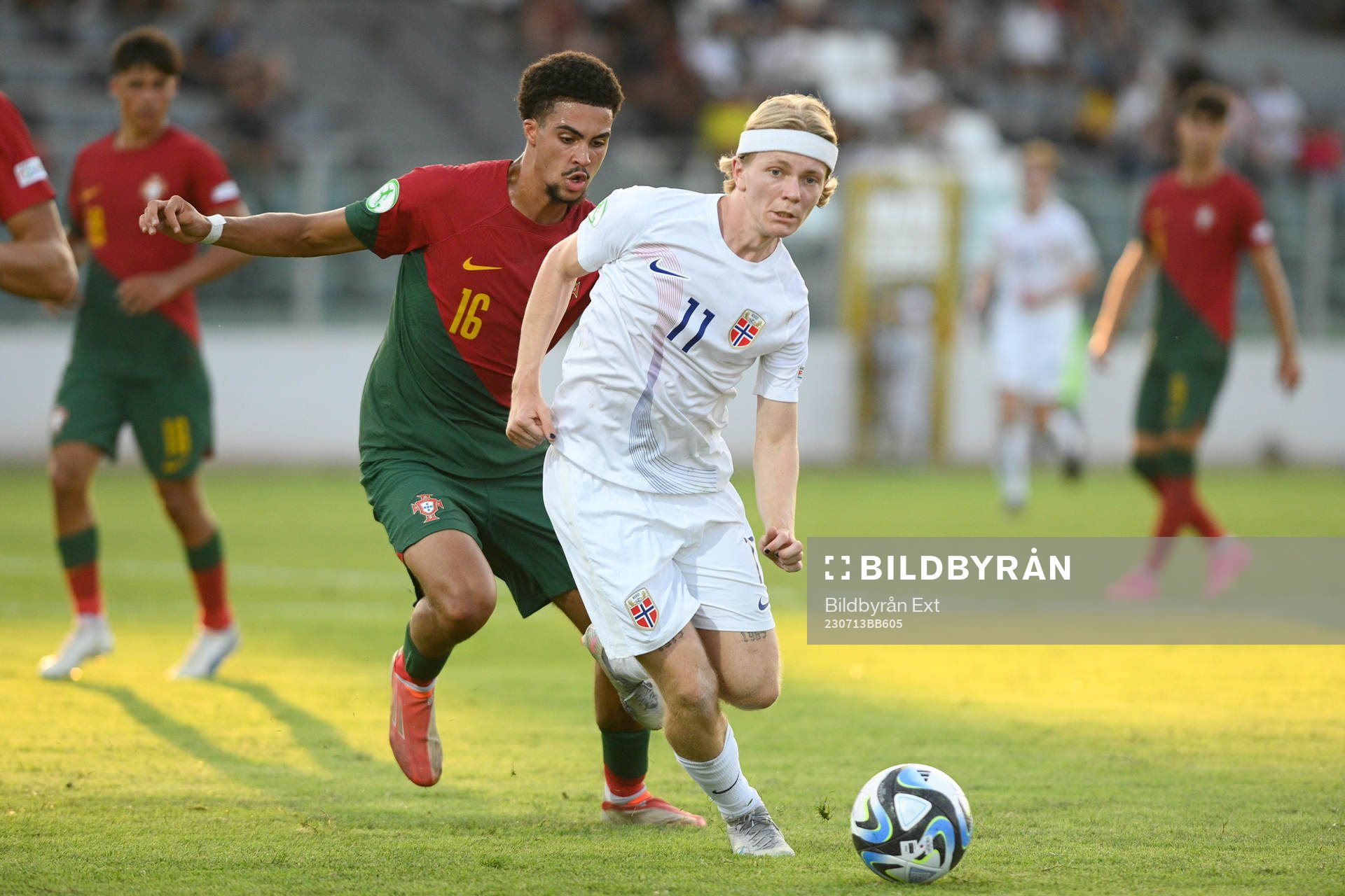 Yanis Da Rocha of Portugal and Heine Gikling Bruseth of Norway during the UEFA European Under-19 championships semi final between Norway and Portugal on July 13, 2023 in Paola.