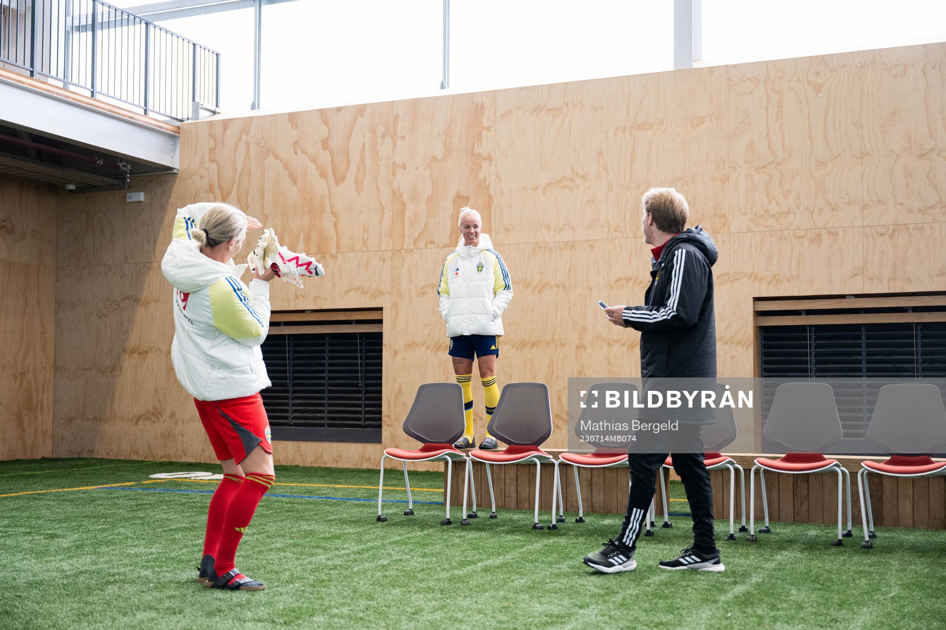 Goalkeeper Jennifer Falk, Caroline Seger and press officer Fredrik Madestam of the Swedish women's national football team prior to a team photo shoot ahead of the FIFA Women's World Cup on July 14, 2023 in Upper Hutt.
