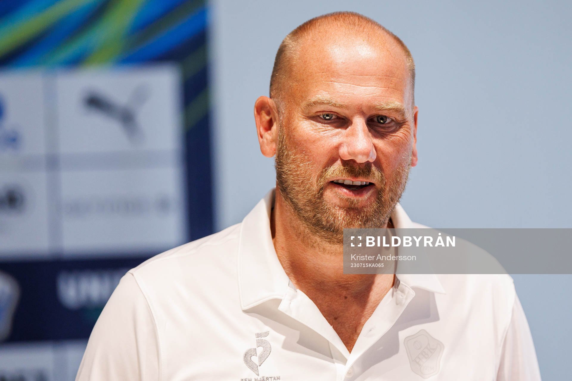 Halmstads tränare Magnus Haglund på presskonferensen efter fotbollsmatchen i Allsvenskan mellan Halmstad och Värnamo den 15 juli 2023 i Halmstad.