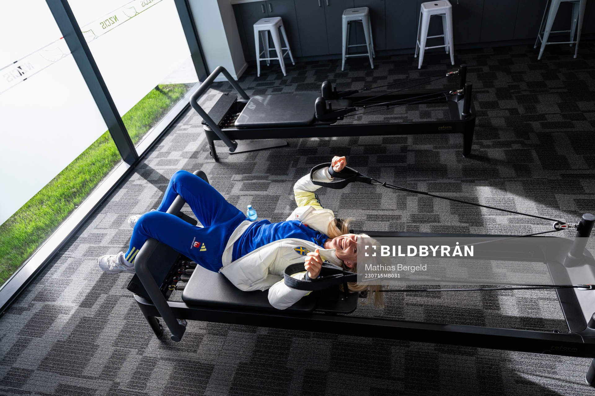 Rebecka Blomqvist lies in a pilates bed during a tour of the Swedish women's national football teams base camp ahead of the FIFA Women's World Cup on July 15, 2023 in Upper Hutt.