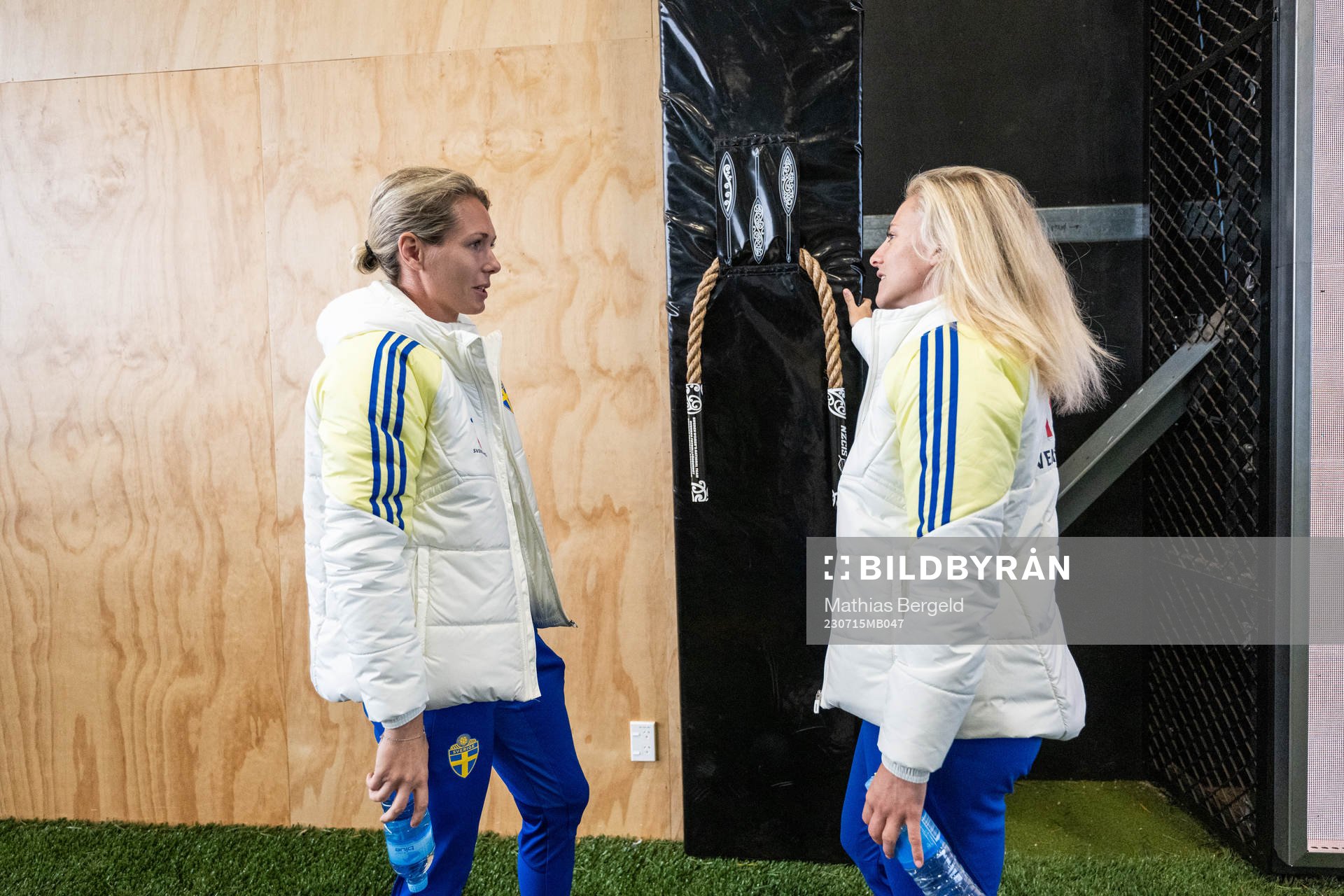 Goalkeeper Jennifer Falk and Rebecka Blomqvist stand next to a rope used in a welcoming ceremony arranged by the NZCIS who run the base camp of the Swedish women's national football team ahead of the FIFA Women's World Cup on July 15, 2023 in Upper Hutt.